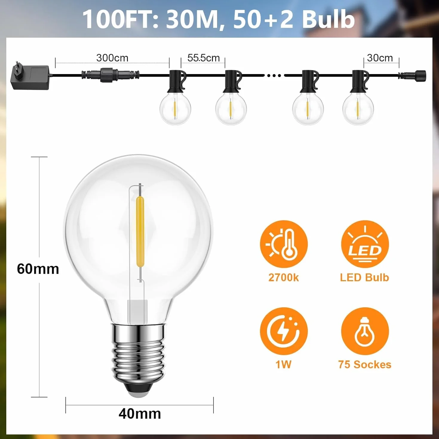 Łańcuch świetlny LED 30m IP45 ciepła biel G40 na zewnątrz