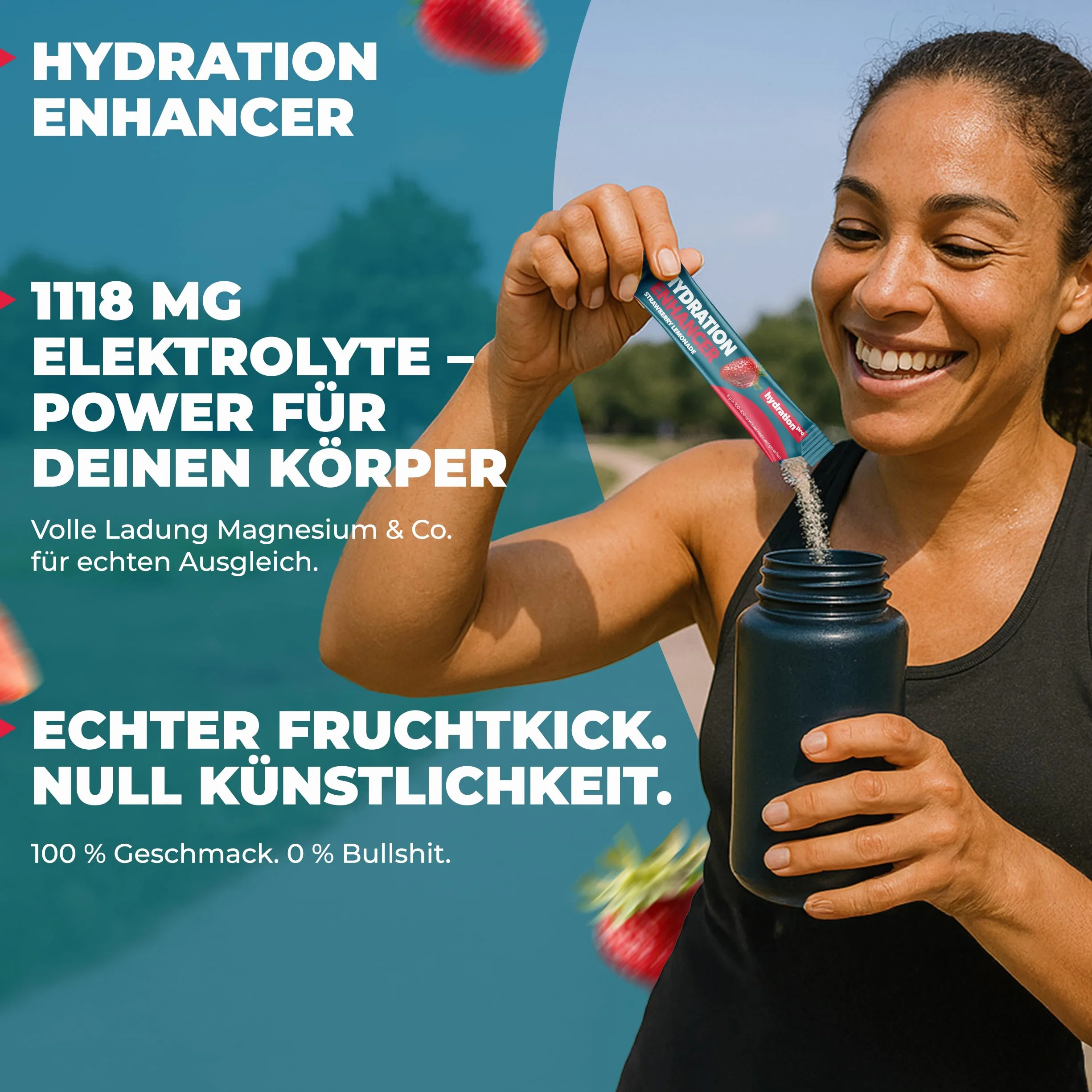 Proszek elektrolitowy - 30 saszetek z 9 witaminami i składnikami odżywczymi, Elektrolity - wegański i wyprodukowany w Niemczech - smak truskawkowy HydrationPro®