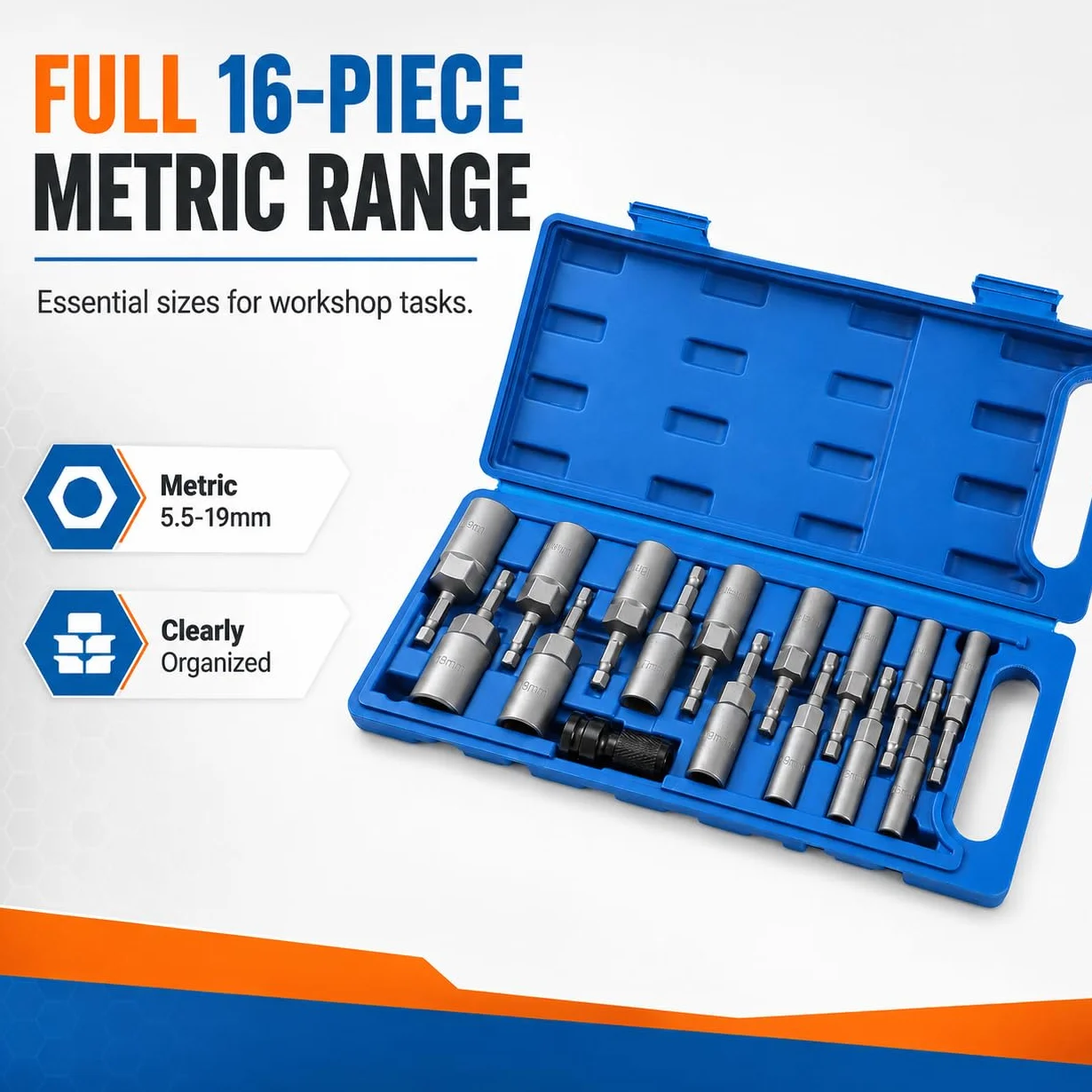 KATSU Tools 16 szt. wkrętak do nakrętek, zestaw głębokich nasadek, metryczny, 5,5-19 mm, 1/10.2 cm, z chwytem sześciokątnym, magnetyczny, do wiertarki elektrycznej, długość 80 mm