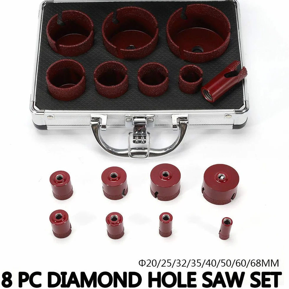Diamentowa koronka wiertnicza zestaw 8-częściowy z pudełkiem 20/25/32/35/40/50/60/68 mm i gwintem M14, adapter do płytek porcelanowych, granitu, marmuru, wiercenia na sucho