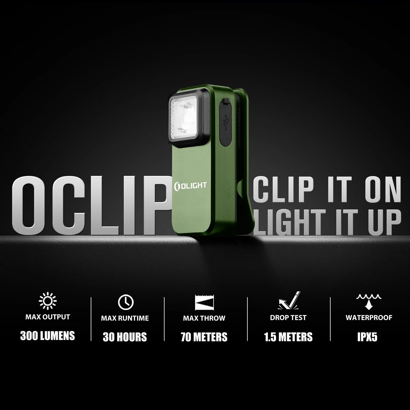 OLIGHT Oclip Mini latarka LED z czerwonym światłem, 300LM jasna latarka USB-C, lampa klipu IPX5 i 1.6m małe migające światło do kempingu i ostrzeżeń bezpieczeństwa(Zieleń wojskowa)