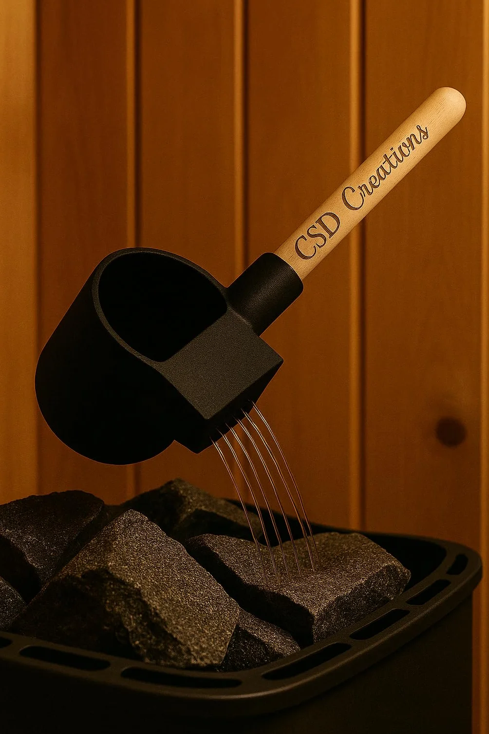 Chochla do sauny CSD 300 ml kielnia do infuzji z efektem deszczu, uchwyt z drewna bukowego, czarna