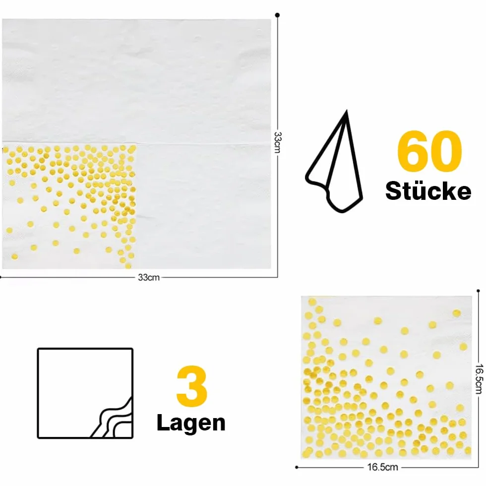 Serwetki papierowe w złote kropki, 60 sztuk złotych foliowanych serwetek papierowych, 2-warstwowe, białe serwetki ze złotymi kropkami, papierowe serwetki na imprezę, urodziny, wesele i święta 33 x 33
