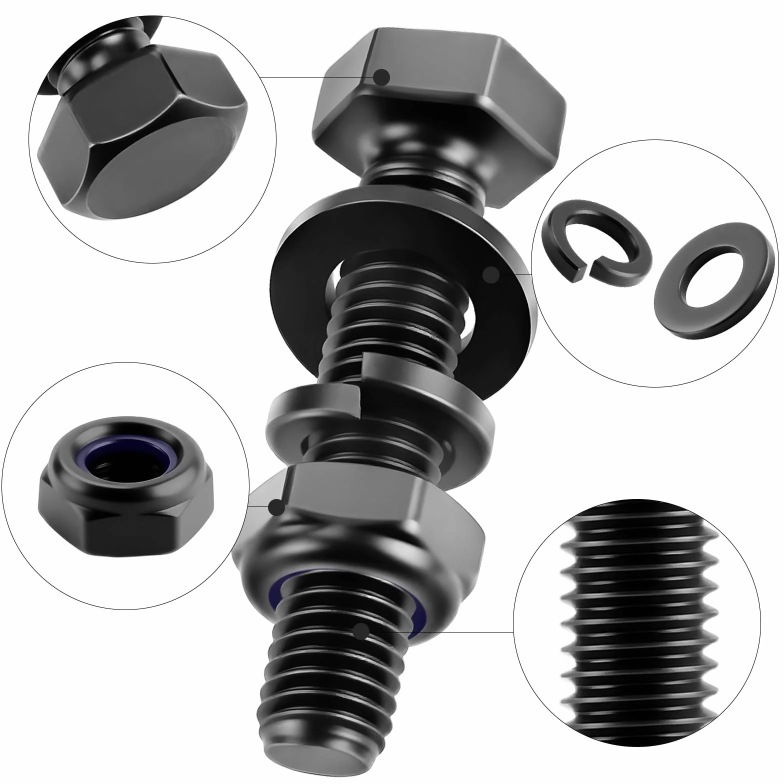 Mbsomnus 20 szt. śrub sześciokątnych M6 x 16 mm, czarne, DIN 933, śruby z łbem sześciokątnym, stal węglowa, sześciokątne z nakrętkami samozabezpieczającymi, podkładkami i pierścieniami sprężynowymi do