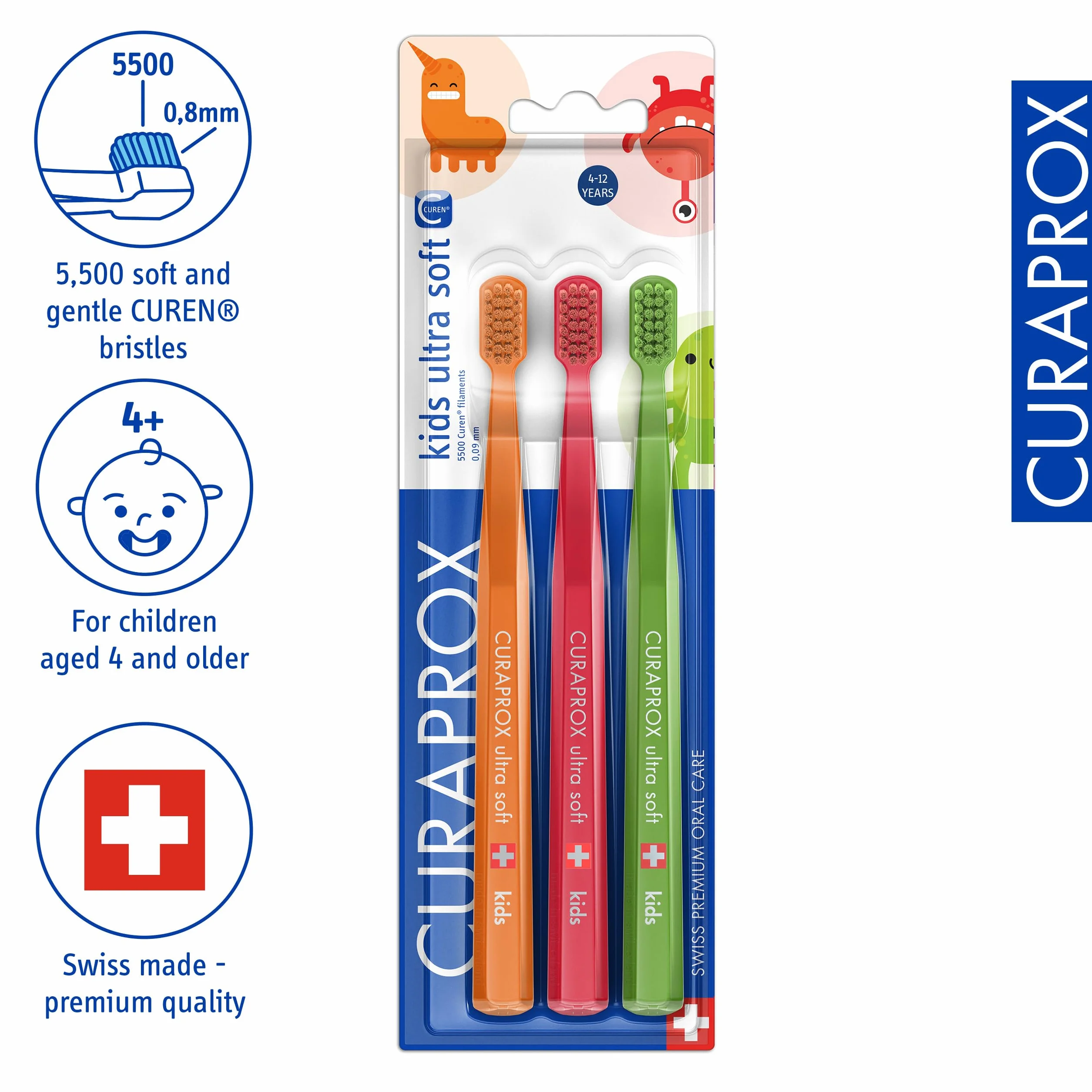 Curaprox Szczoteczka Do Zębów Dla Dzieci, Blister Trzypakowy, Międzynarodowy (losowy) / Made in Switzerland