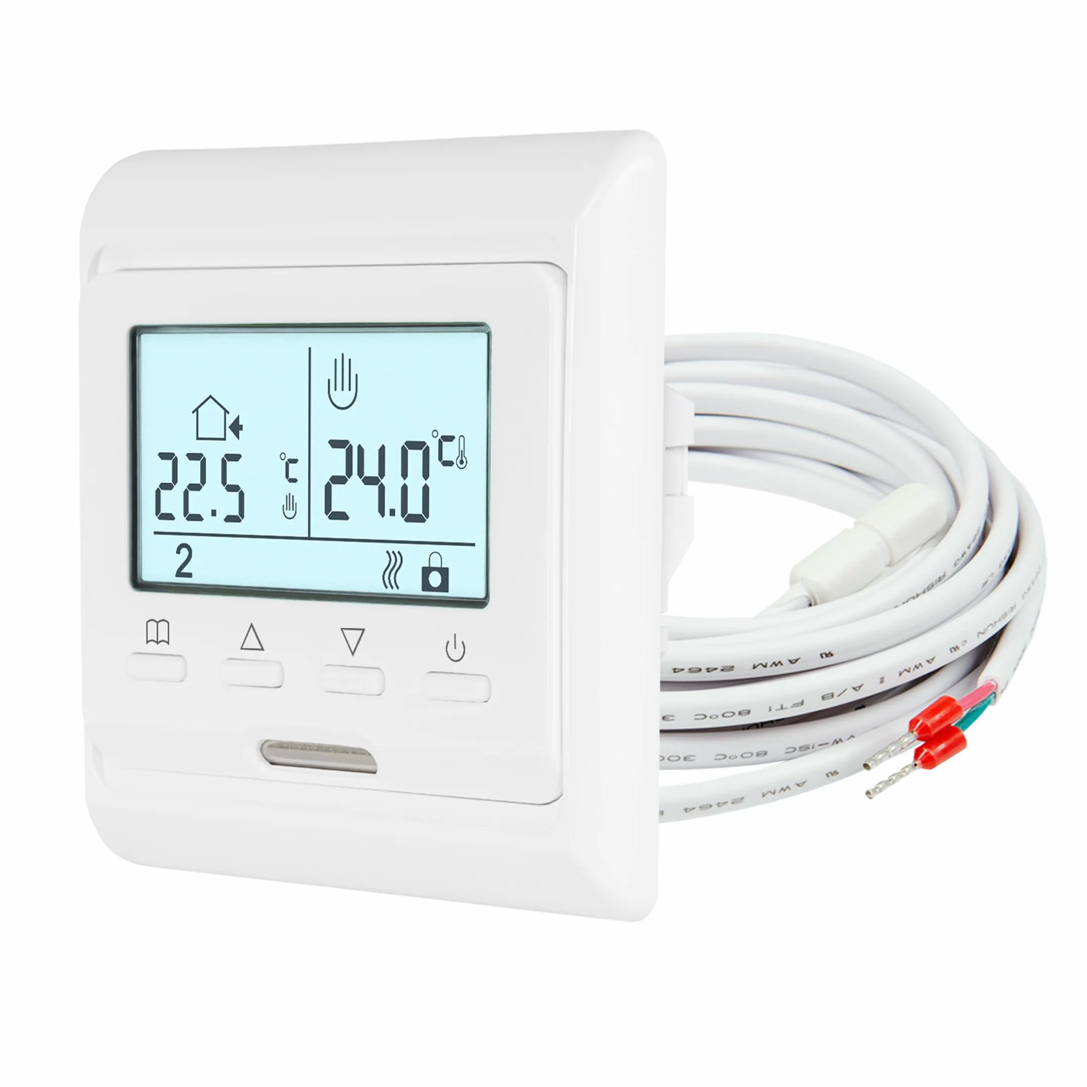 E51 cyfrowy termostat do pomieszczeń z czujnikiem podłogi, podświetlany wyświetlacz, 7-dniowy program tygodniowy do elektrycznego ogrzewania podłogowego i siłowników NC