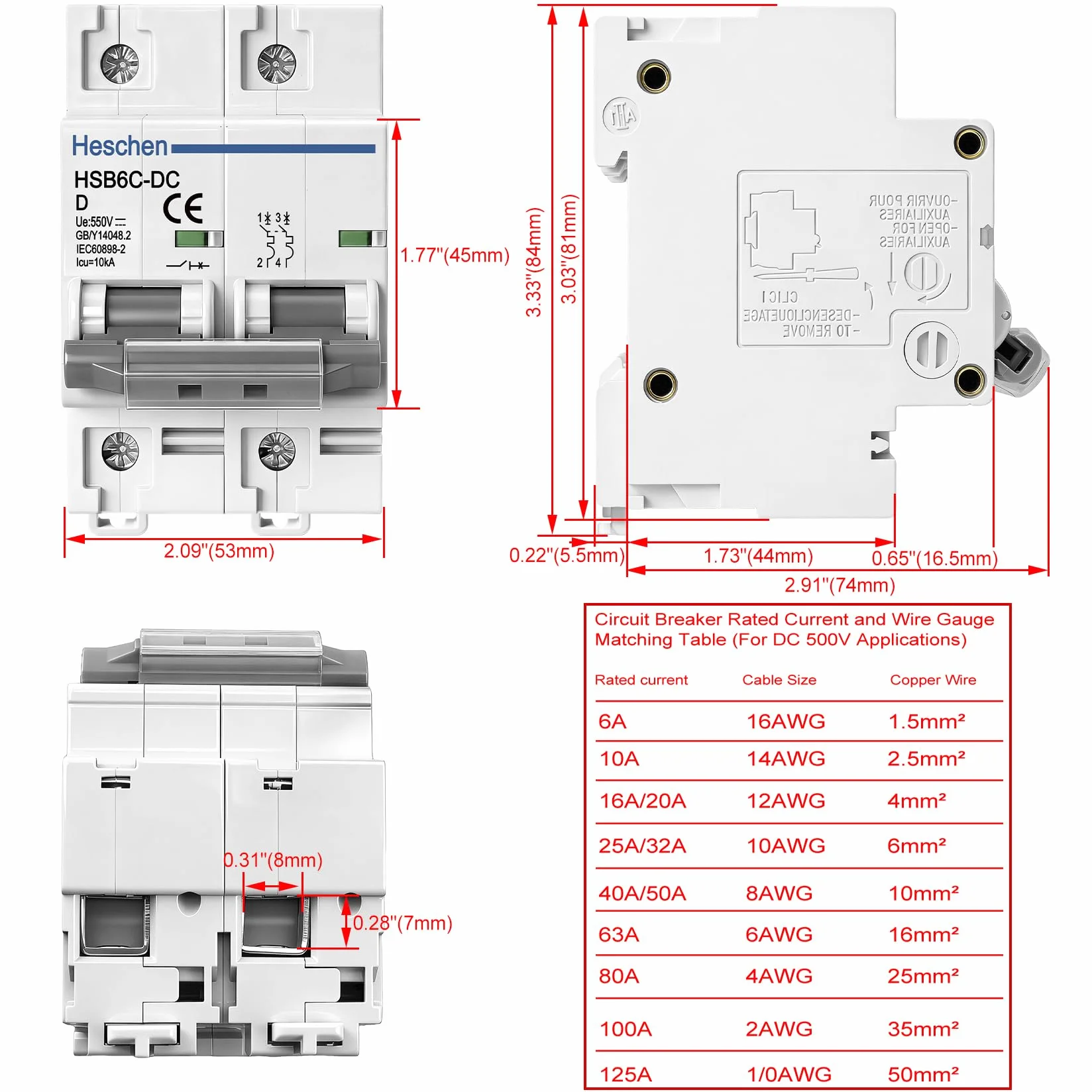 Heschen Miniaturowy wyłącznik prądu stałego, HSB6C-DC, 2 bieguny, DC500 V 100 A, wyłącznik fotowoltaiczny, do systemu solarnego paneli słonecznych, systemu kratowego, montaż na szynie DIN 35 mm