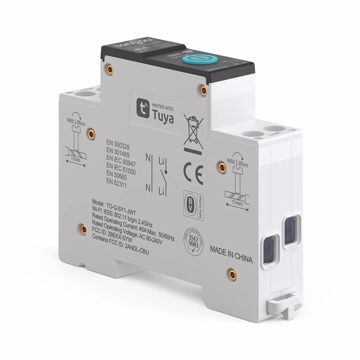 TONGOU DIY 1P+N szyna montażowa WiFi Smart Switch, 40 A, Wi-Fi, inteligentny przełącznik przekaźnikowy, aplikacja na iOS Android, TUYA/Smart Life, pilot zdalnego sterowania, do inteligentnego domu, z