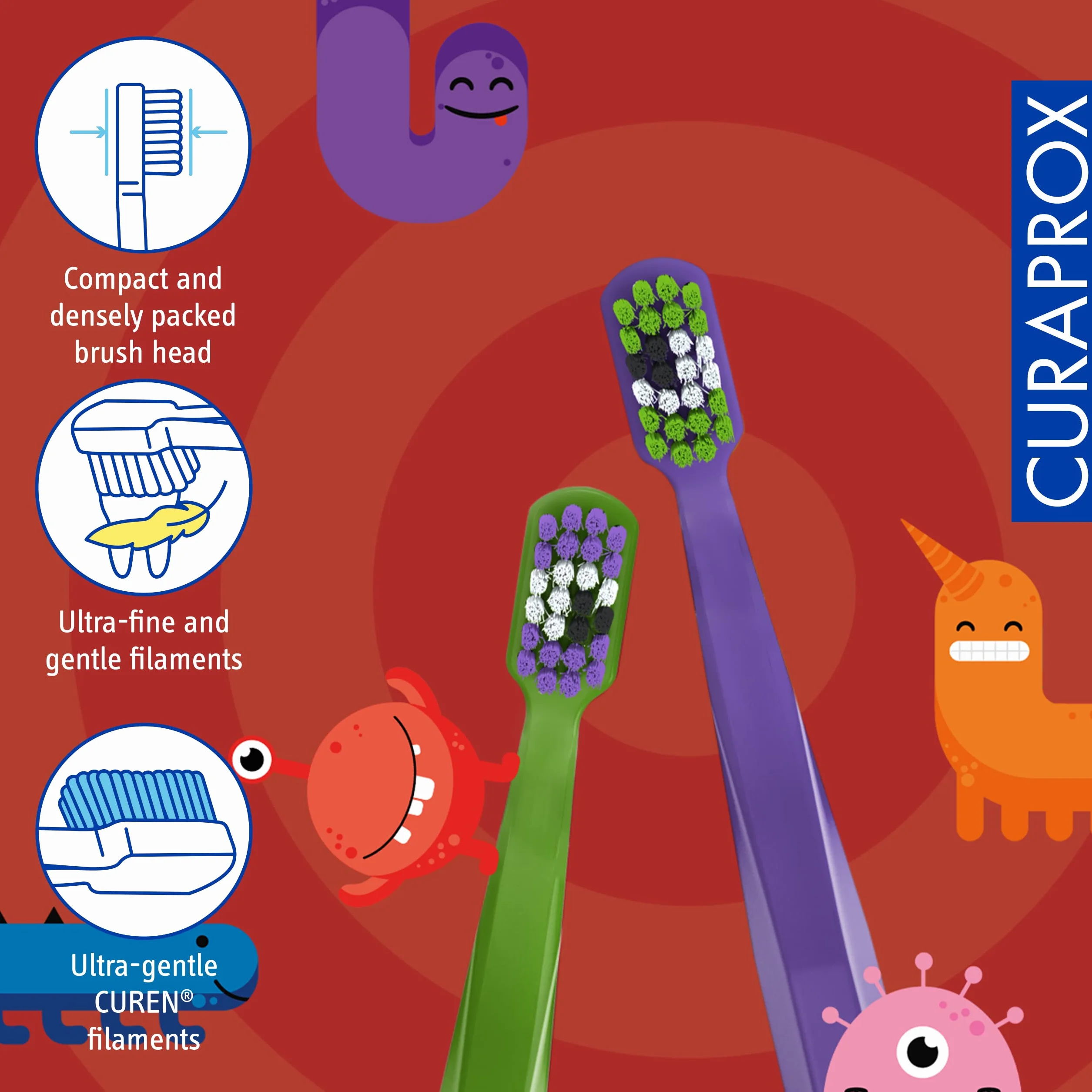 Curaprox CS Kids ręczna szczoteczka do zębów, edycja specjalna: Little Bacterias, 2 sztuki, ultra miękka szczoteczka do zębów dla dzieci
