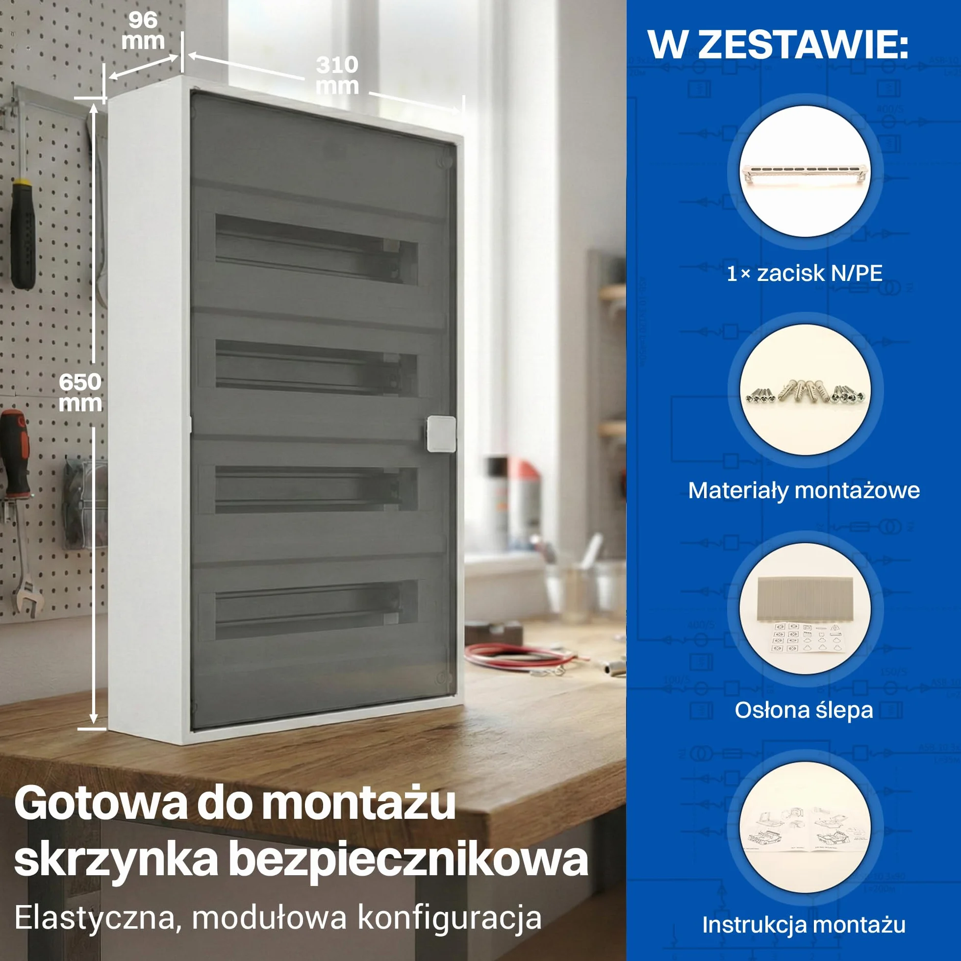 Intratec ALPHA Rozdzielnica natynkowa 4-rzędowa – Skrzynka rozdzielcza na 48 modułów z przezroczystymi drzwiami – Obudowa DIN do domu i zastosowań profesjonalnych – 650 × 310 × 96 mm