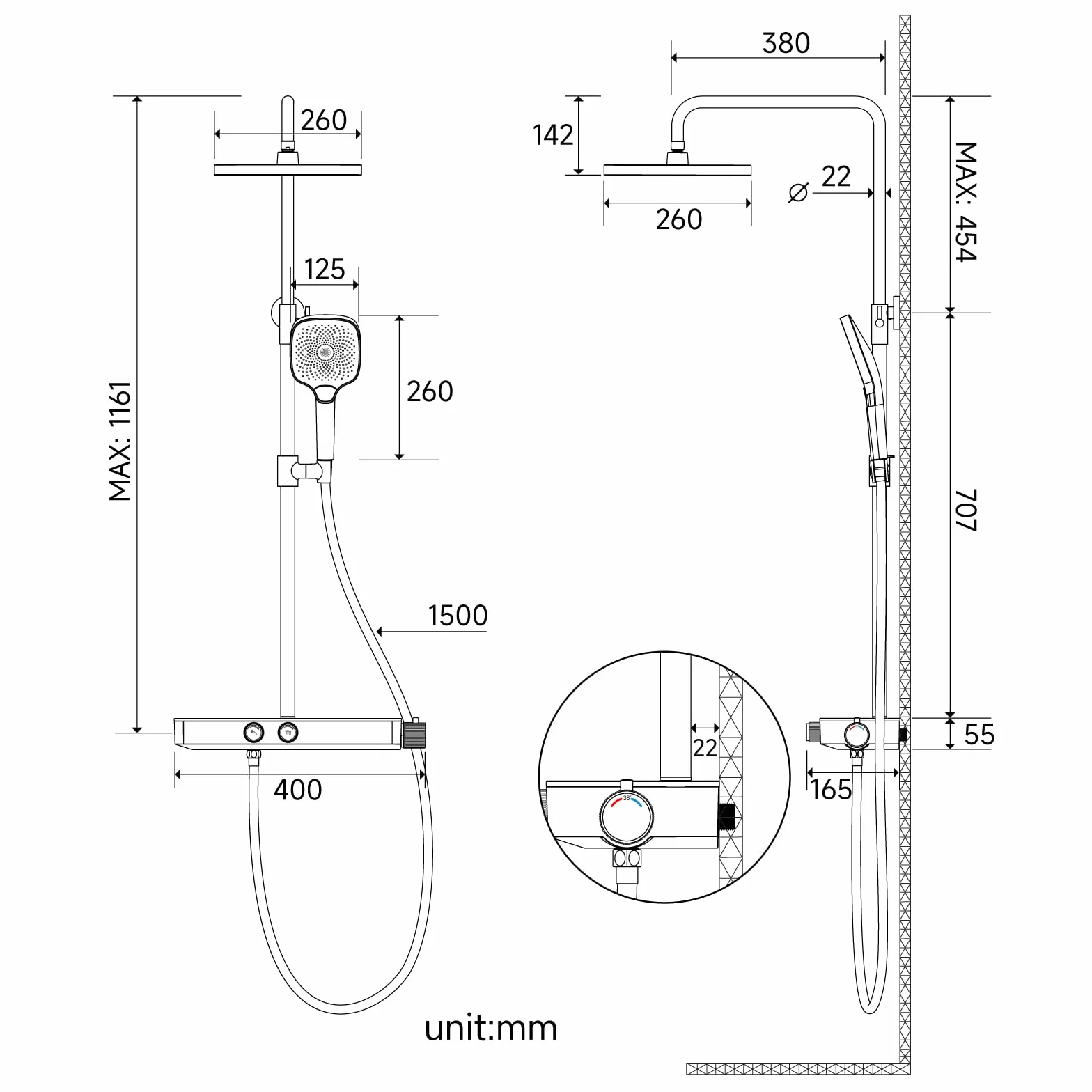 Rainsworth System prysznicowy z termostatem i szklaną półką – obsługa jednym przyciskiem i regulacją przepływu, armatura prysznicowa, deszczownica 26 x 26 cm, słuchawka prysznicowa, 3 rodzaje