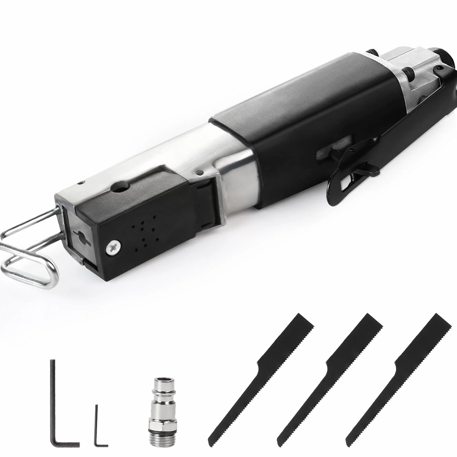 DBREAKS Piła pneumatyczna 1/4" z 3 brzeszczotami 18T, 24T, 32T, miniaturowa piła szablasta do metalu, piła pneumatyczna o ciśnieniu roboczym 6 barów, narzędzie pneumatyczne do cięcia