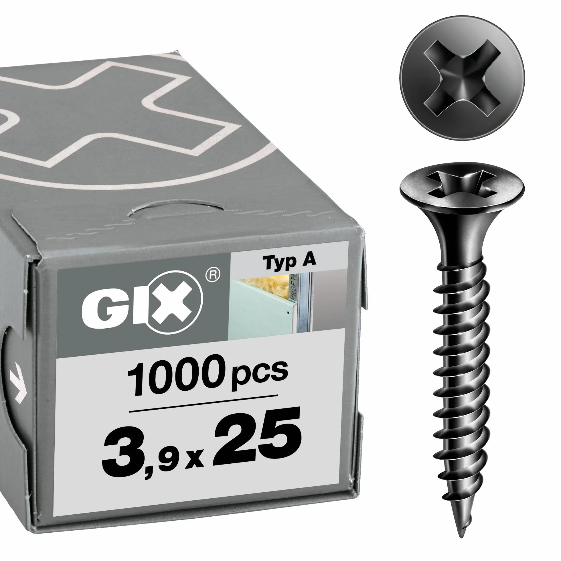 SPAX GIX-A 1091170390255 wkręty do szybkiego montażu 3,9 x 25 mm drobny gwint, 1000 sztuk, łeb trąbki, krzyżakowy H2, śruby do gipsowo-kartonowego kartonu, na metalowym stojaku