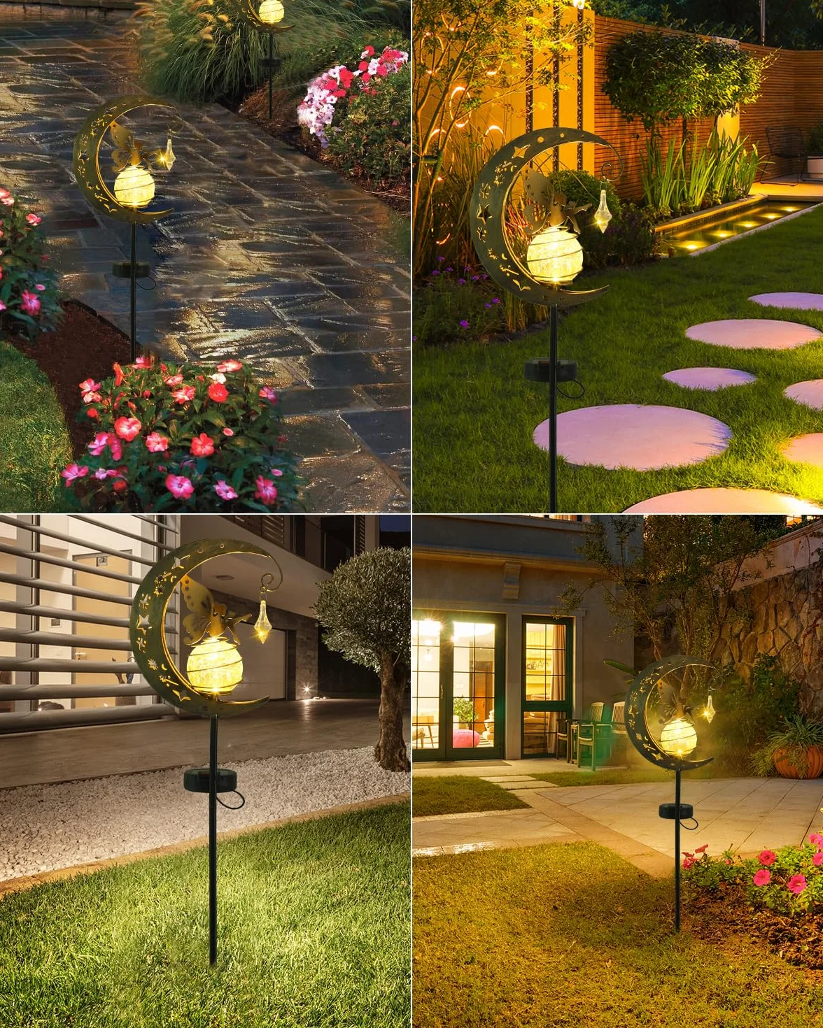 Moon Solar Lights Dekoracja tarasu ogrodowego,Elf/Flower Fairy Wodoodporna lampa słoneczna,Metalowe figurki ogrodu Dekoracja ogrodu,Zewnętrzna lampa słoneczna na zewnątrz,Na taras Balkon Pile Path