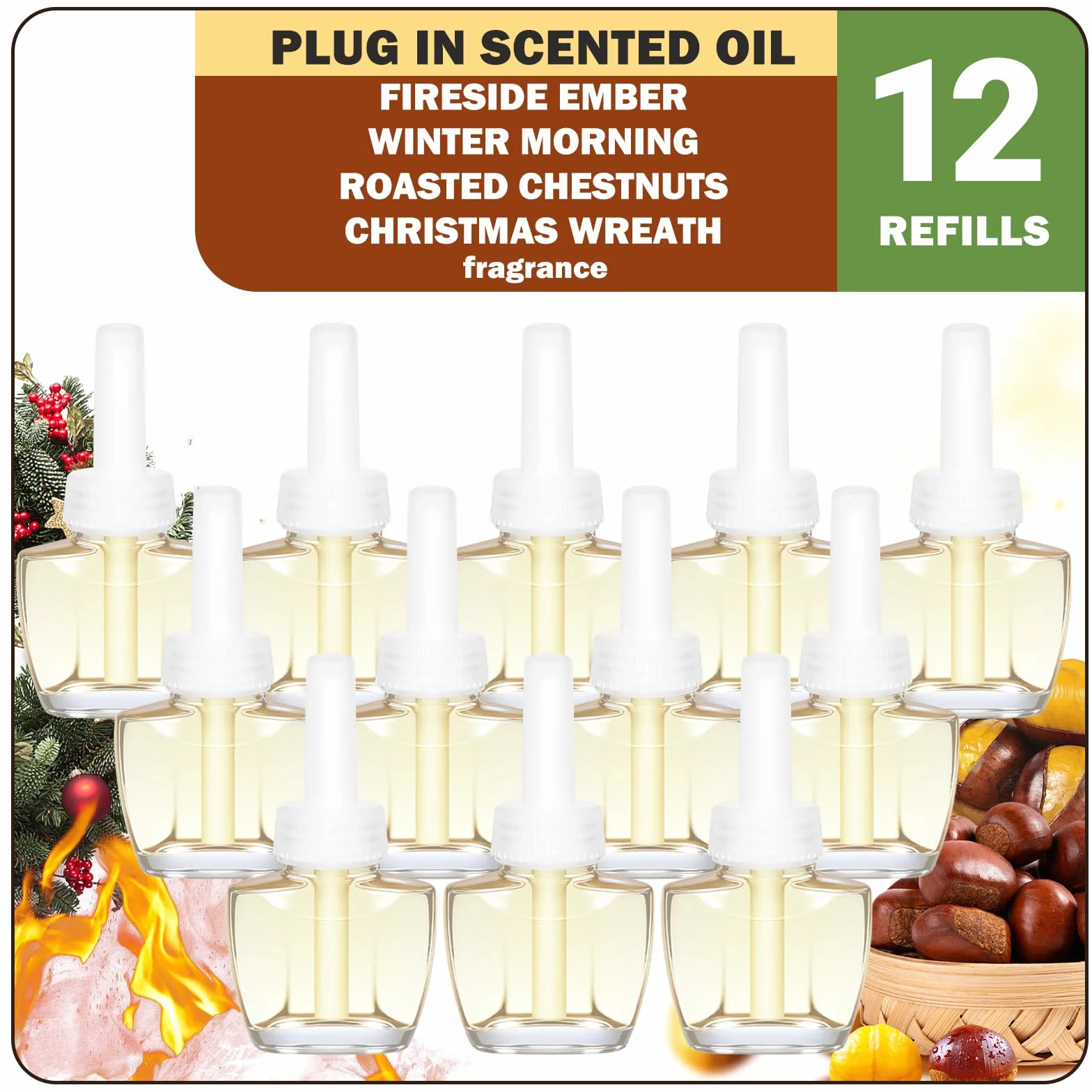 SCENTORINI Wkład do napełniania olejkiem zapachowym, kompatybilny z wtyczkami zapachowymi Air Wick i Glade, 12 x 19 ml, żar kominkowy, zimowy poranek, prażone kasztany, wieniec bożonarodzeniowy