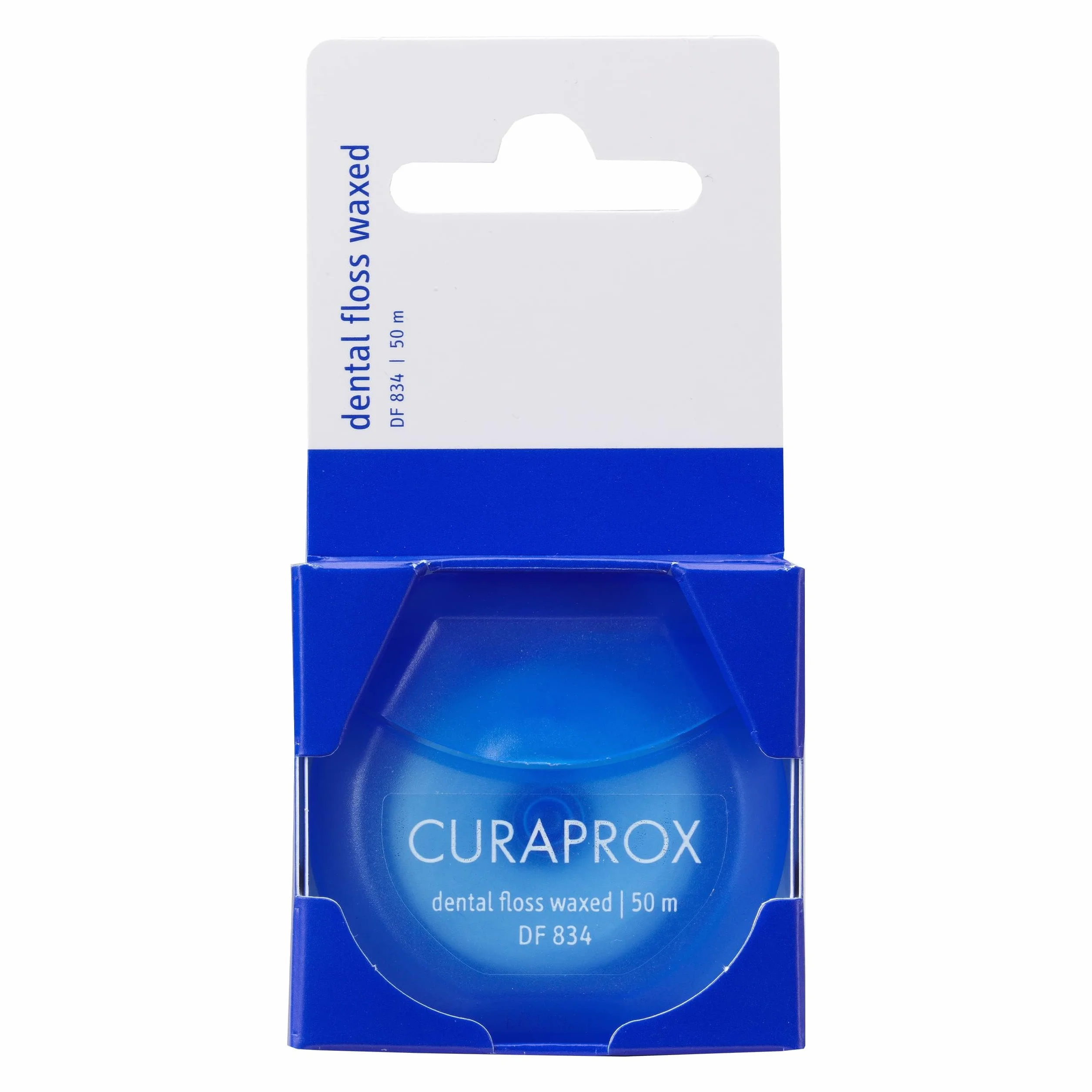 Curaprox DF 834 Dental Floss-woskowana Nić Dentystyczna o miętowym smaku dla Łatwej Obsługi w ciasnych przestrzeniach / 50 metrów | Made in Switzerland