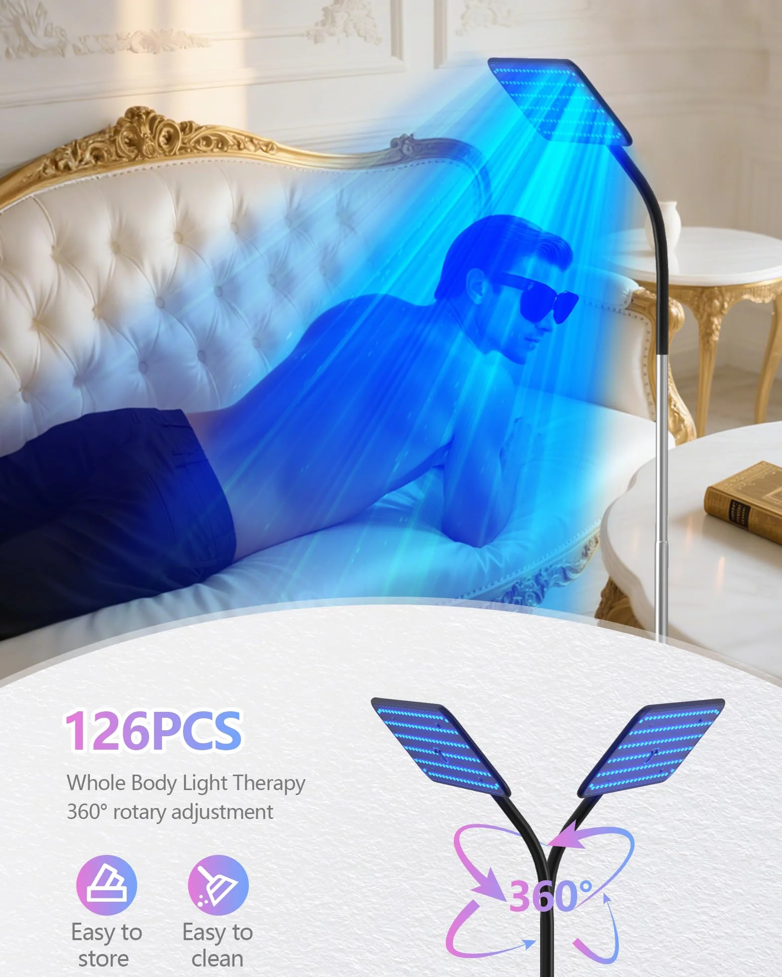 Solarium do domu, 50 W, lampa do opalania z opuszczanym cokołem, 225 szt., 460 NM + 490 NM, perły do terapii światłem niebieskim, do użytku domowego