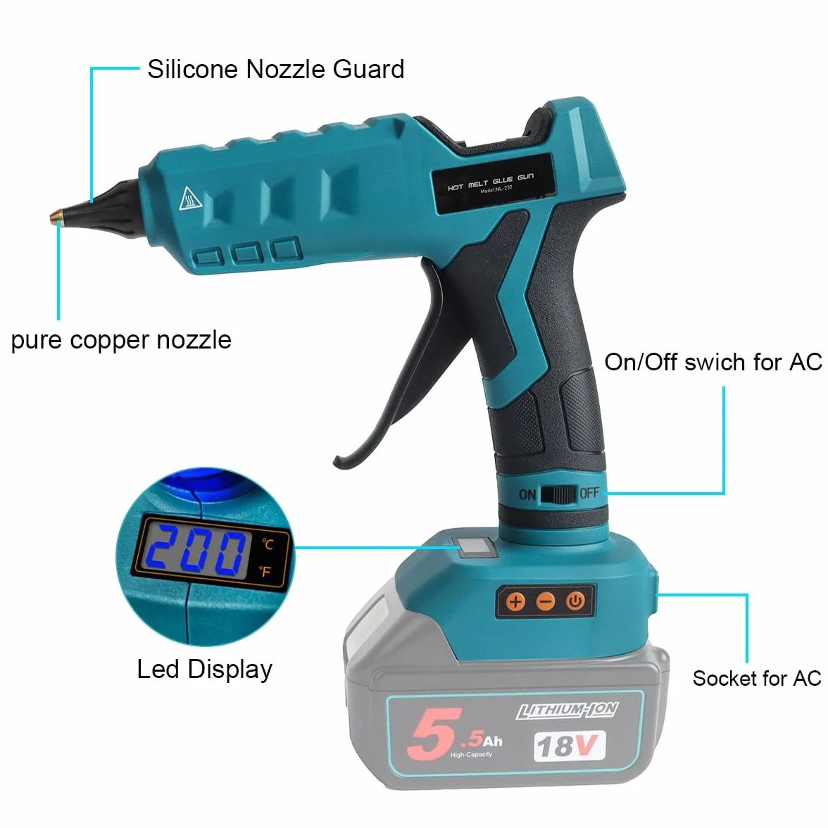 Bezprzewodowy pistolet do klejenia na gorąco Makita 18 V, akumulator 11 mm, szybki czas nagrzewania, wszechstronne zastosowanie i precyzyjna dysza miedziana do projektów DIY, rzemiosła i napraw