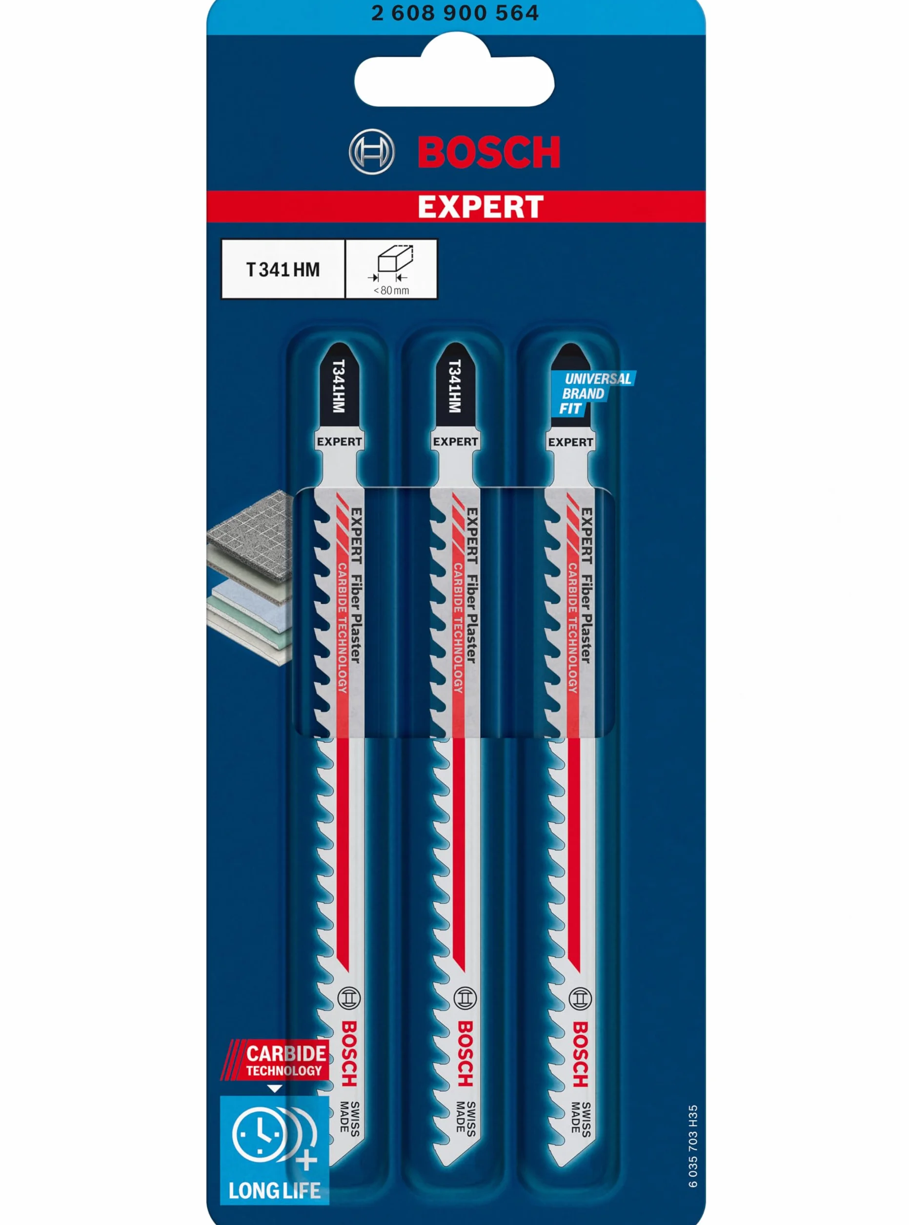 Bosch 3x Brzeszczot do wyrzynarki EXPERT Fiber Plaster T341HM (do Płyty z cementem włóknistym, Płyta gipsowo-kartonowa, Długość 132 mm, Professional Akcesoria Wyrzynarka)