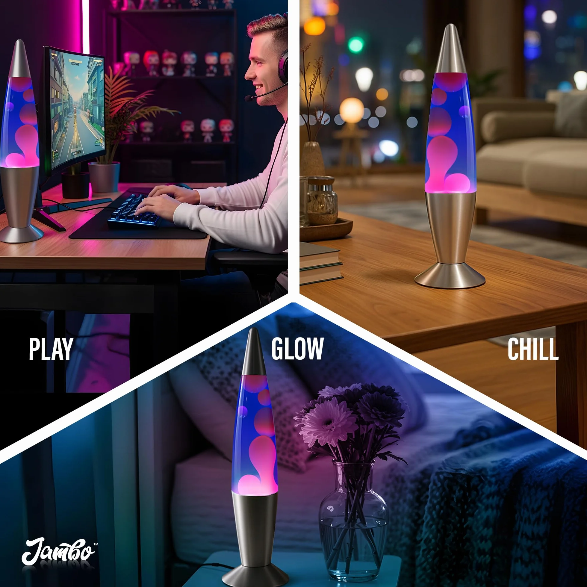 Jambo piękna lampa płynna, niebieska z fioletowym woskiem, relaksująca lampka nocna i dekoracyjna lampa do salonu, biura, sypialni, dla dorosłych i dzieci, Magma Motion