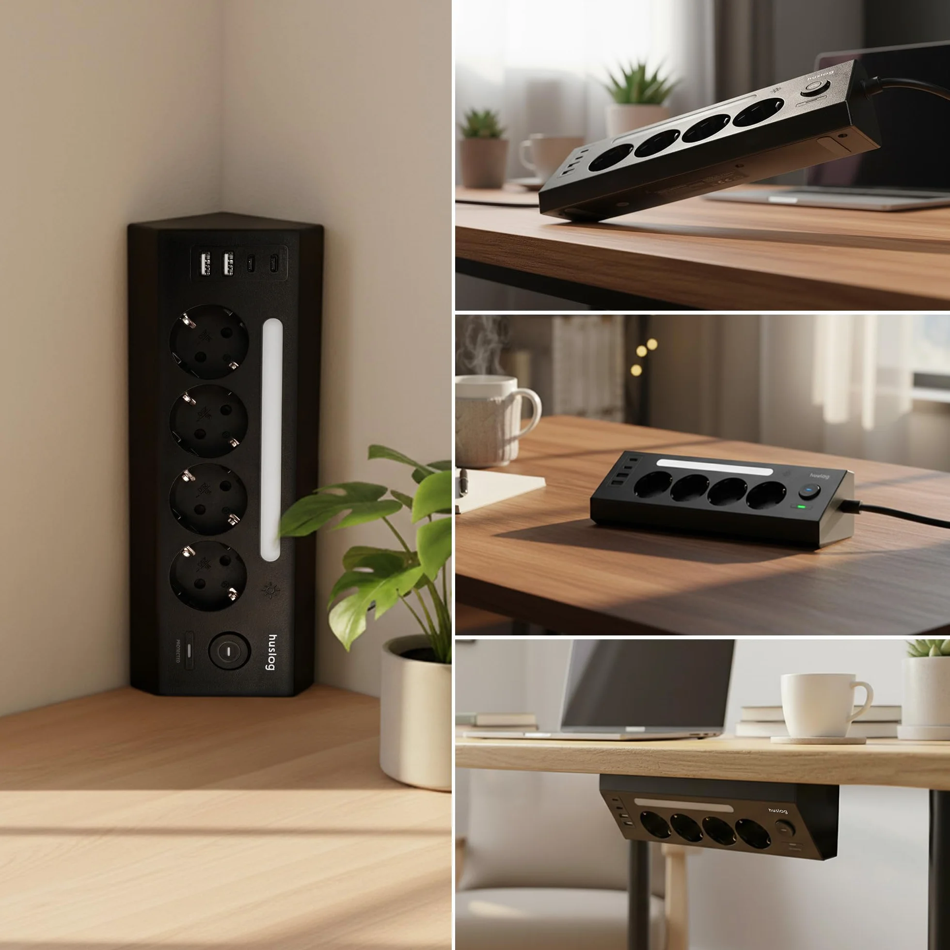 Listwa zasilająca z 4 gniazdami Schuko, 4 porty USB (2 × USB-C i 2 × USB-A), lampka nocna LED, ochrona przed przepięciem, 3680 W, gniazdo wielokrotne z przełącznikiem, możliwość montażu na