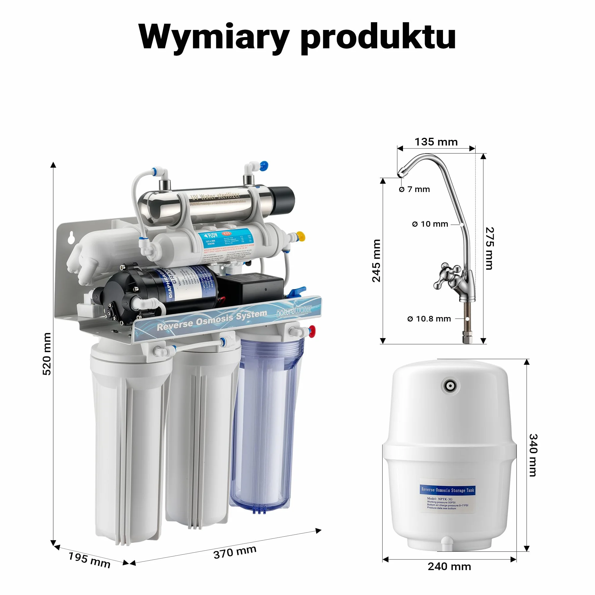 Naturewater 6-stopniowy system odwróconej osmozy 180 litrów/dobę, system odwróconej osmozy z klarownikiem UV i pompą wspomagającą do czystej wody pitnej