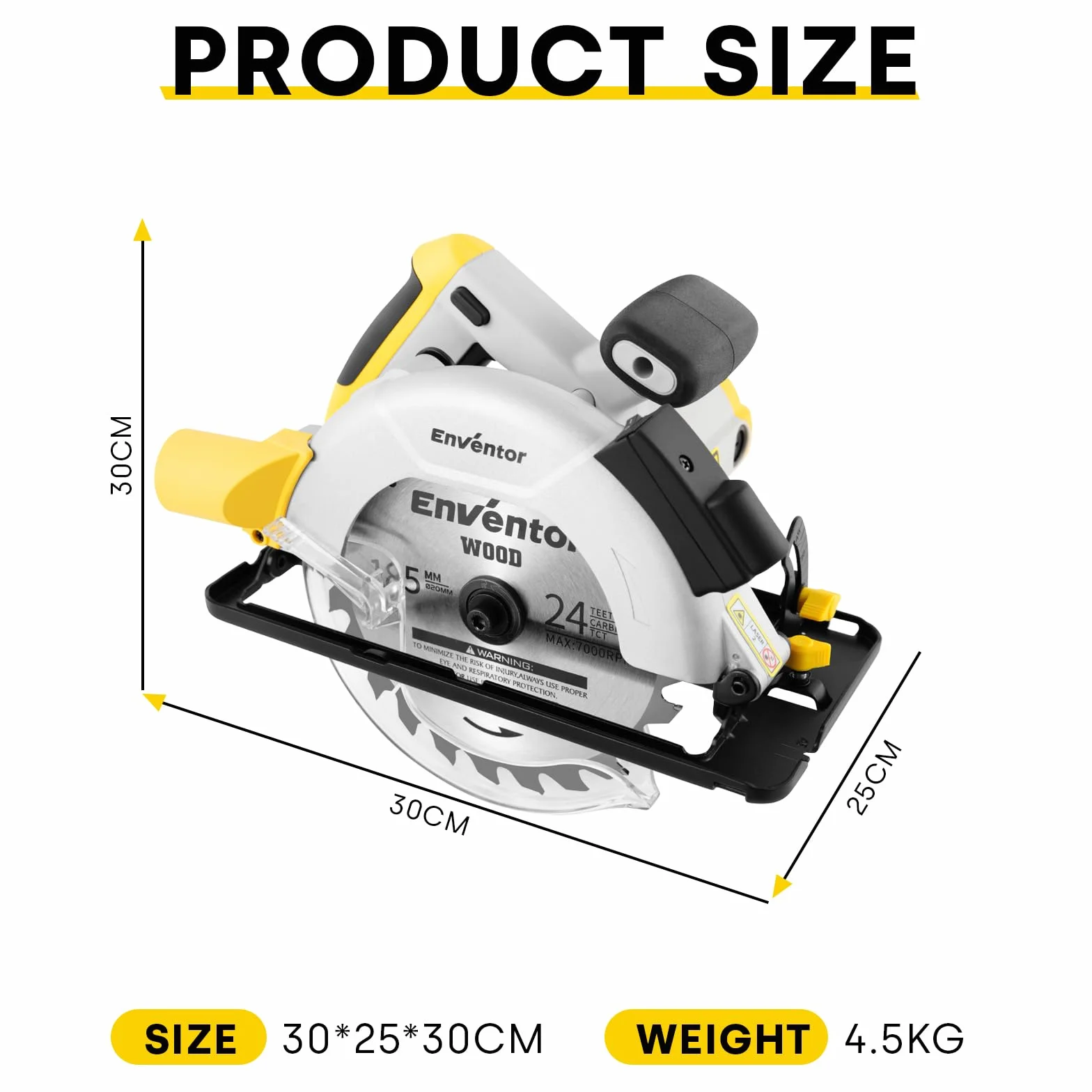 ENVENTOR ręczna pilarka tarczowa 1200 W, z 2 x brzeszczotami tarczowymi, (średnica brzeszczotu: 185 mm, 24T + 40T), 5800 obr./min, z prowadnicą laserową i prowadnicą Rip Guide, do drewna, miękkiego