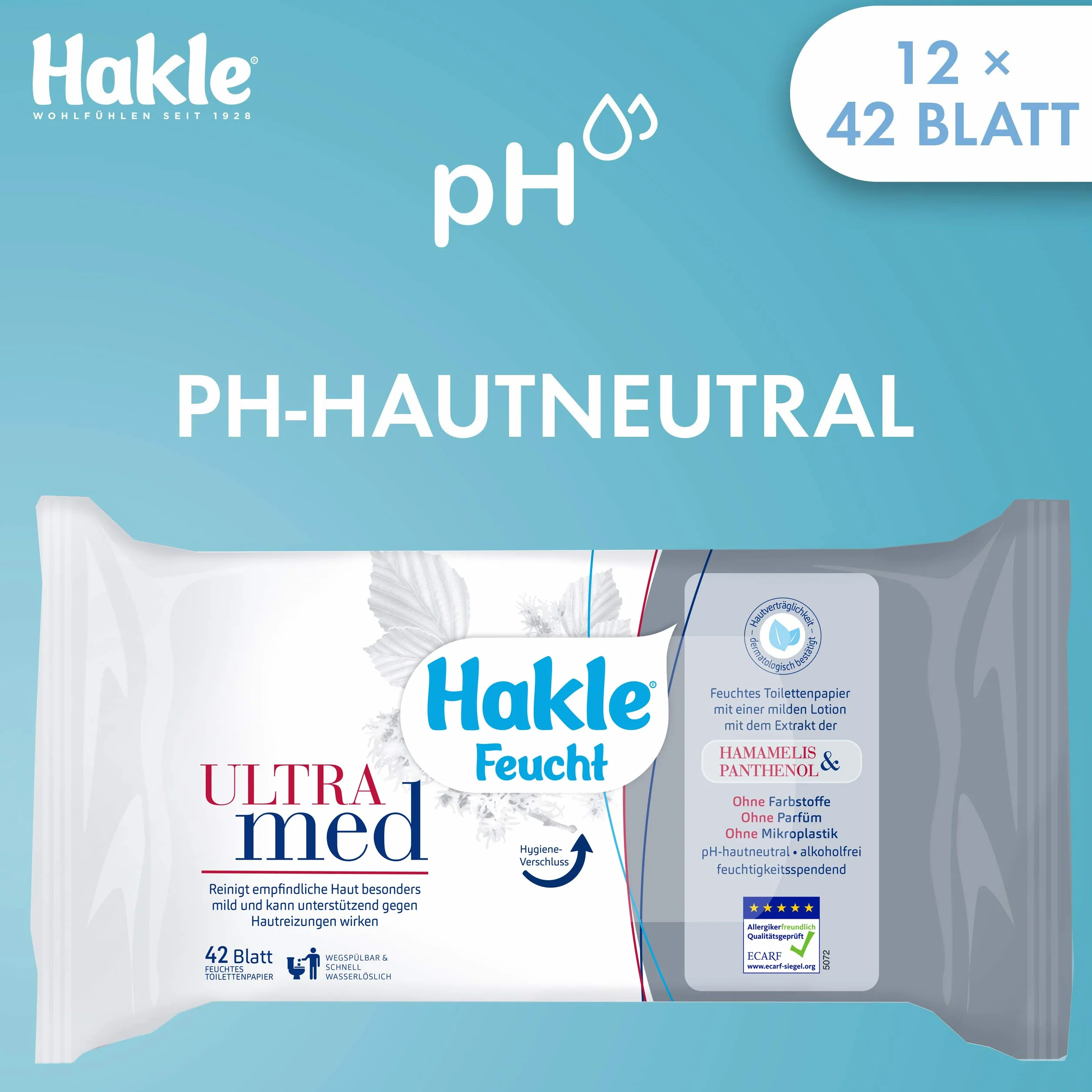 Hakle Wilgotny papier toaletowy Ultra Med, 12 sztuk (12 x 42 arkuszy), pielęgnujący wilgotny papier toaletowy, przyjazne dla skóry wilgotne chusteczki, szybko rozpuszczalne w wodzie chusteczki