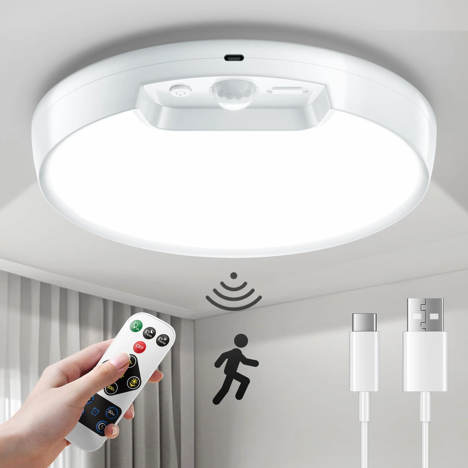 Homelist Lampa sufitowa LED z czujnikiem ruchu, lampa sufitowa z pilotem zdalnego sterowania, ściemniana, 8000 mAh, zasilana bateriami, lampa sufitowa do kuchni, łazienki, korytarza, sypialni, na