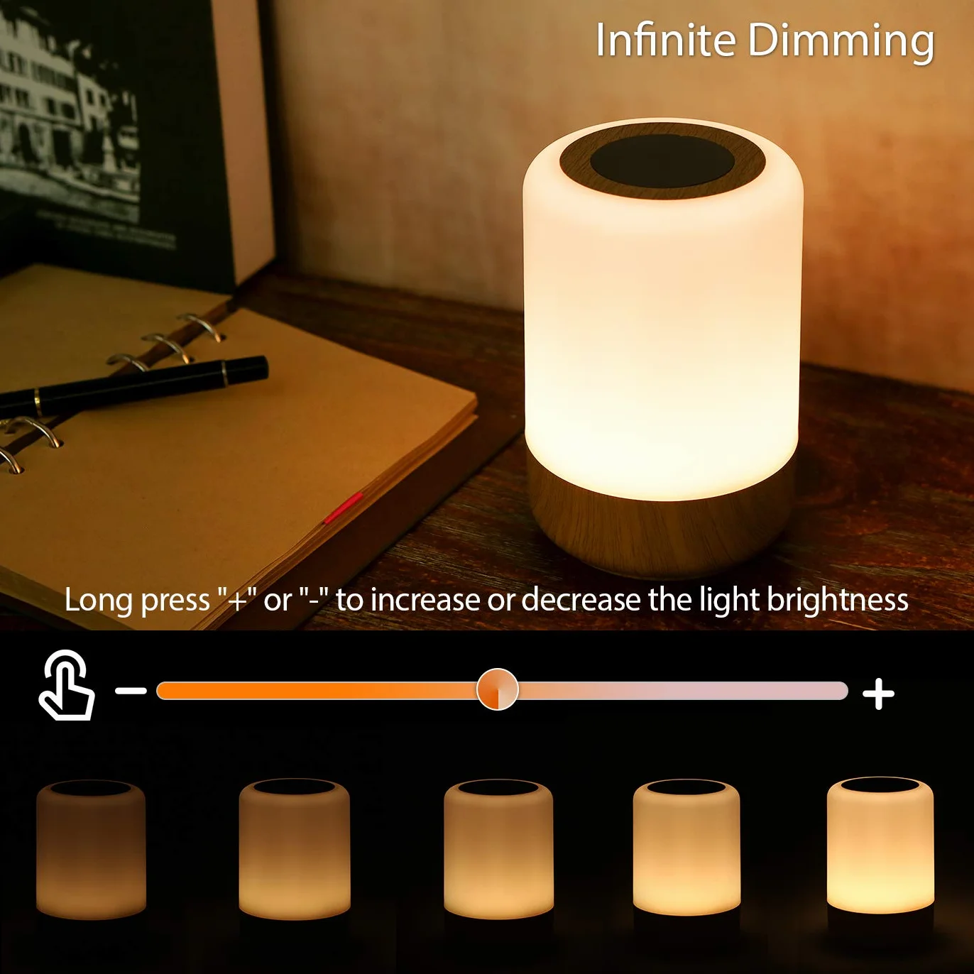 Lampka nocna LED, dotykowa, ściemniana, lampa stołowa, zasilana bateriami, 8 kolorów i 3 tryby, słoje drewna, lampka nocna, ładowanie przez USB, funkcja timera, do sypialni, salonu