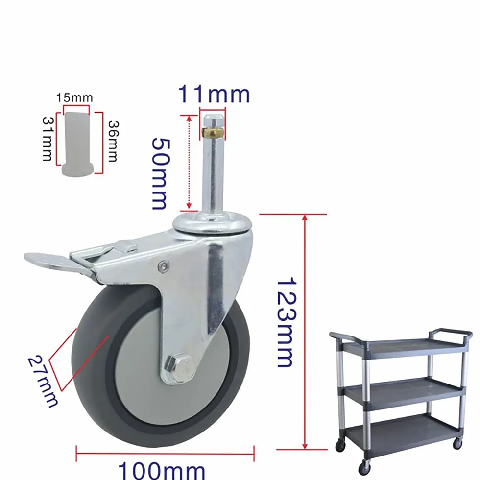 Zestaw 4 wytrzymałych kółek skrętnych 100 mm, z uniwersalnej gumy z hamulcem, nośność 100 kg, cicha praca, idealny do ciężkich przedmiotów.