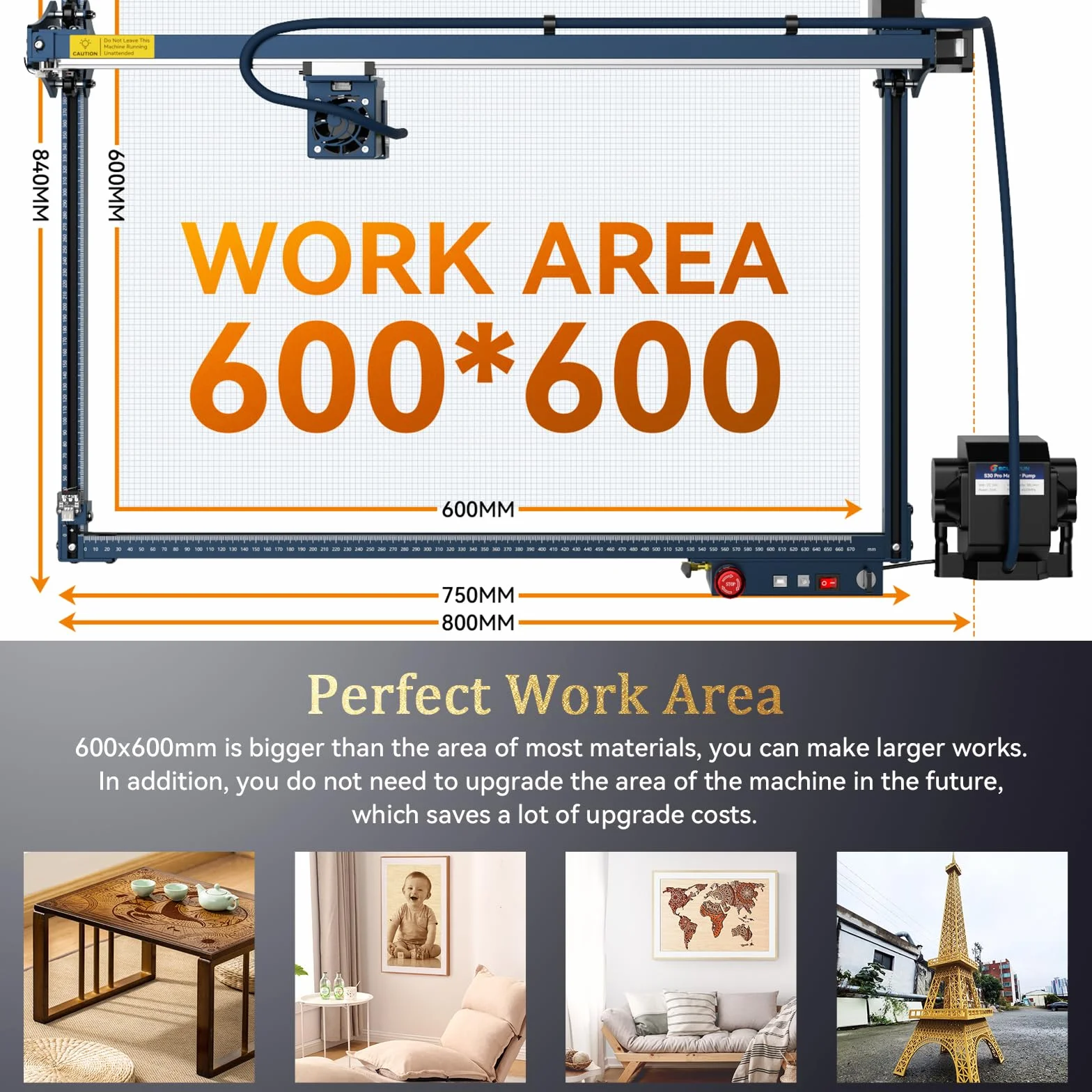 SCULPFUN S30 Ultra 33 W maszyna do grawerowania laserowego, wycinarka laserowa ze stołem roboczym o wymiarach 600 x 600 mm, laserowy wałek obrotowy, 600 x 600 mm, obszar roboczy, 42-bitowy silnik