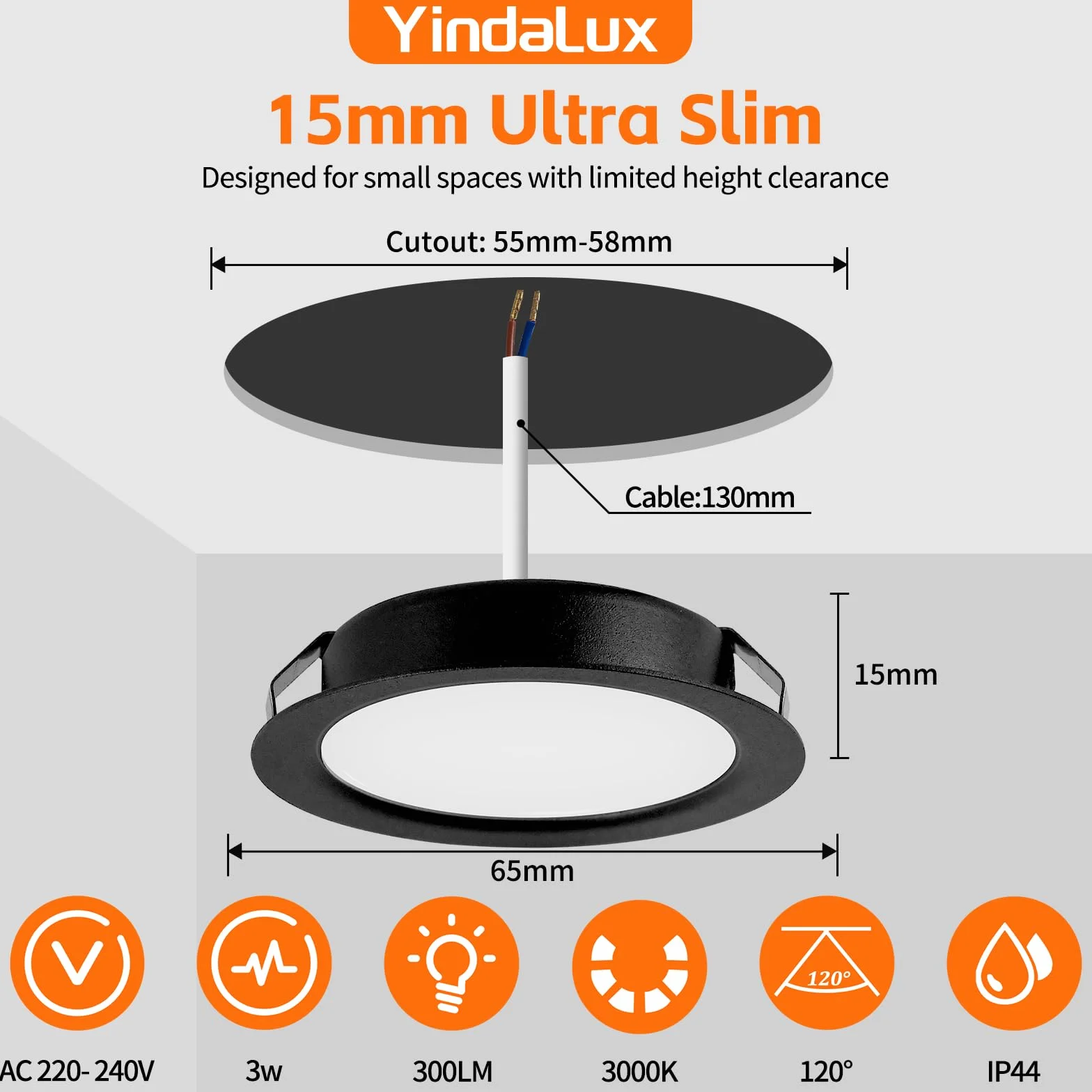 YindaLux Zestaw 6 reflektorów LED do zabudowy, 230 V, 3 W, 3000 K, ciepła biel, reflektor LED, ultra płaski, 300 lm, otwór 55-58 mm i 15 mm, płaski, IP44 lampa do zabudowy meblowej LED do szafki z