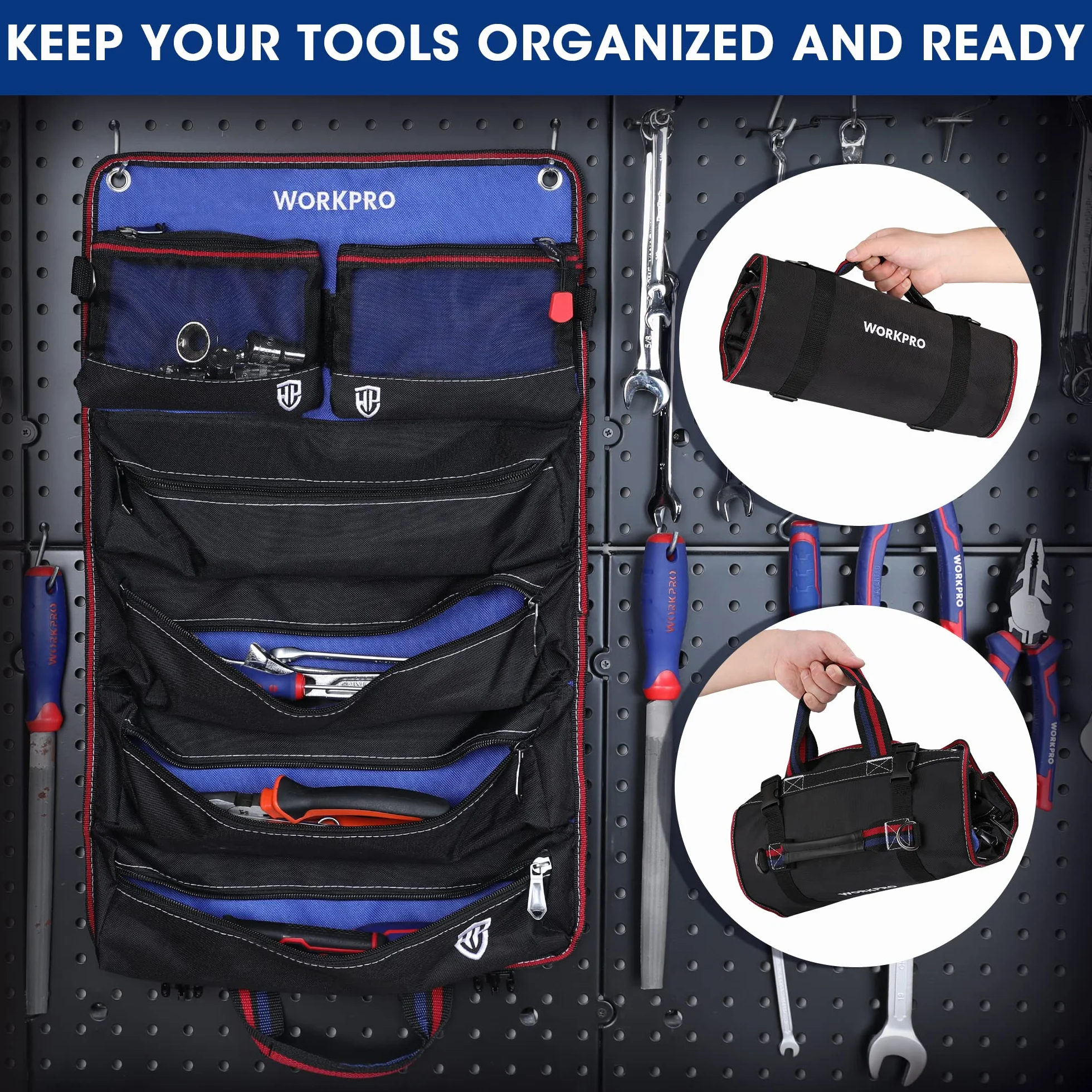 WORKPRO Torba na narzędzia, zwijana torba uniwersalna, 57 x 36 cm organizer do rolek narzędzi, 6 kieszeni, tkanina Oxford 720D, dla elektryków/stolarzy/hydraulików
