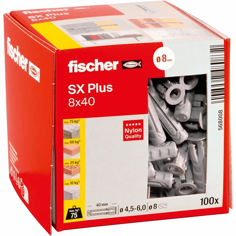 fischer Kołek rozporowy SX Plus 8 x 40, pudełko z 100 kołkami nylonowymi, kołki rozporowe zapewniające optymalną przyczepność w przypadku mocowań w betonie, cegle pełnej, betonie porowatym, cegle o