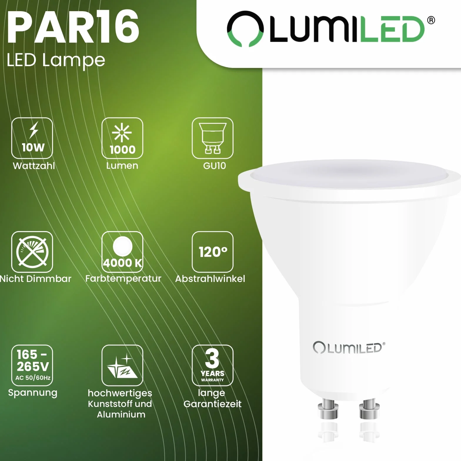 Lumiled Żarówka LED GU10 Reflektor PAR16 10W = 90W 1000lm 4000K Neutralna biel 120° Energooszczędna Zestaw 10 sztuk