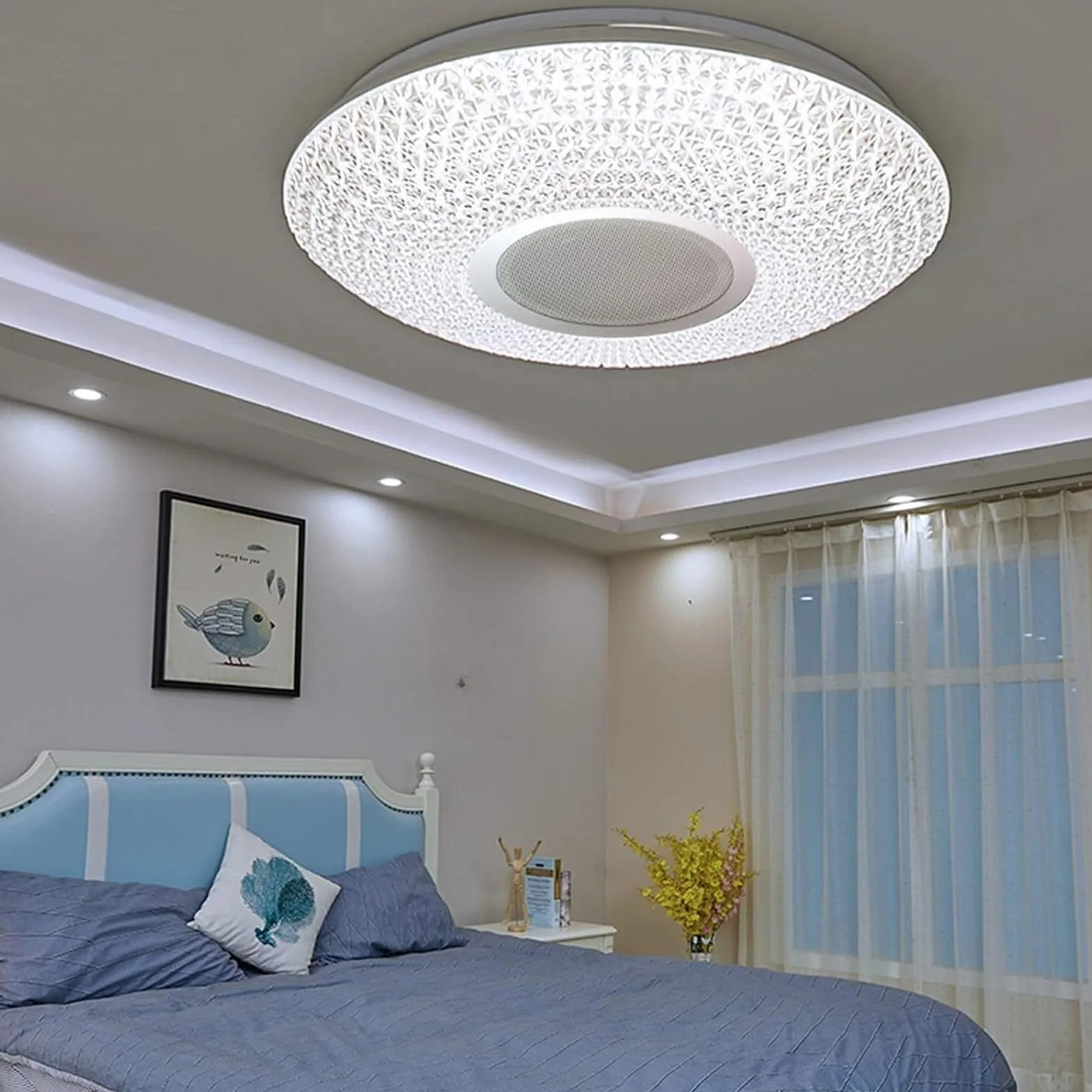 Kryształowa lampa sufitowa LED z pilotem zdalnego sterowania i aplikacją, nowoczesna lampa sufitowa RGB z 3 głośnikami Bluetooth, sypialnia, salon, łazienka, wodoodporny klosz z gwiaździstym niebem
