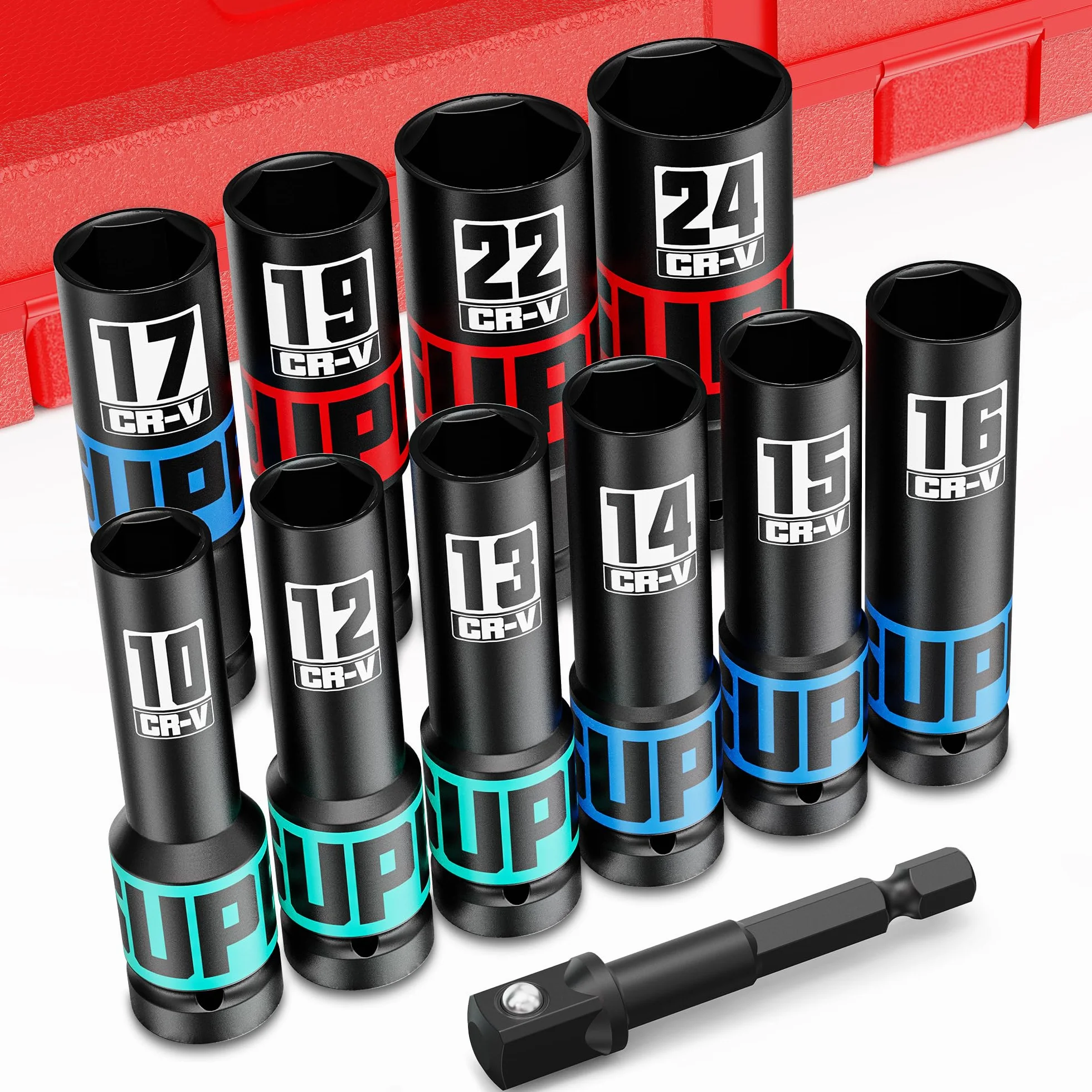 11 sztuk Zestaw Nasadek Udarowych 1/2", 10-24 mm Zestaw Długich Nasadek Sześciokątnych z Adapterem 1/4" do 1/2", Naprawa Opon Samochodowych i Majsterkowanie