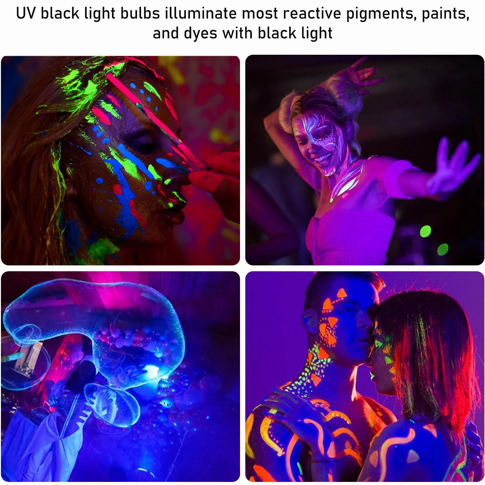 BORDEAG Żarówka UV LED, zestaw 4 żarówek E27 o mocy 9 W, lampa ultrafioletowa LED, fioletowa lampa ultrafioletowa UV-A, czarna żarówka UV, na festiwale, imprezy, bary