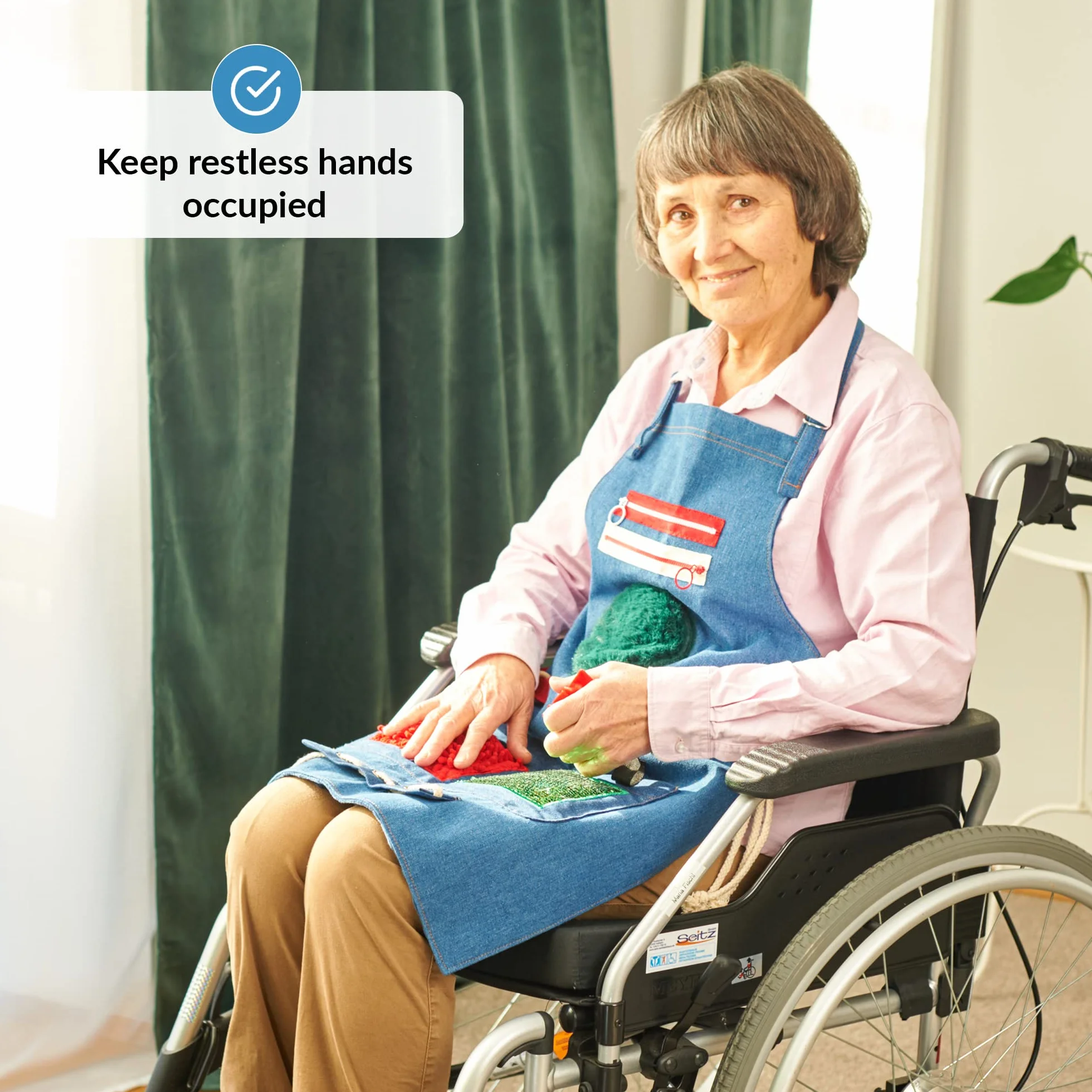 Fartuch Nestel, koc dla osób cierpiących na demencję, dla seniorów i demencji, zatrudnienie rąk, koc dla osób cierpiących na demencję, koc sensoryczny, Fidget Apron Blue