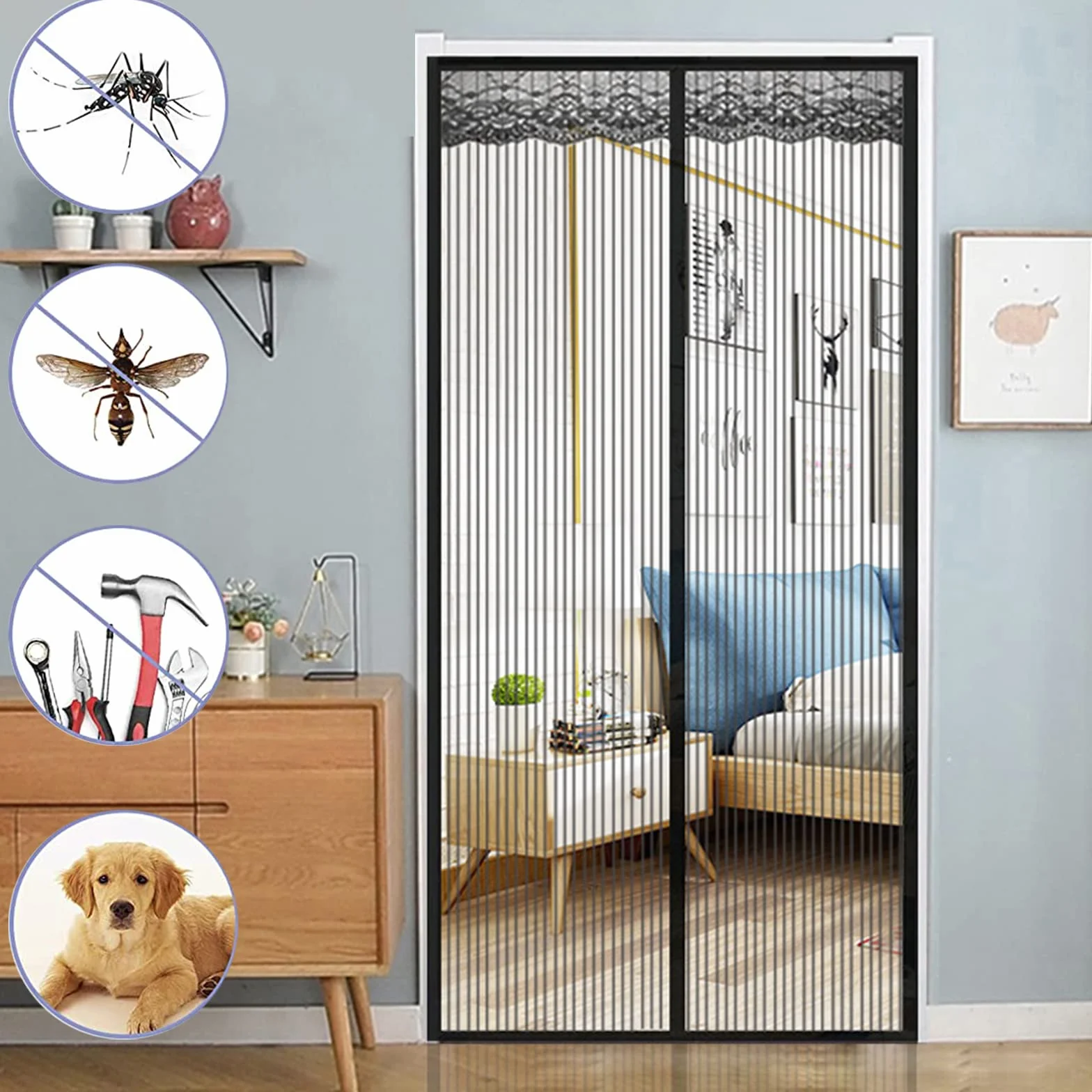 VIKY Moskitiera magnetyczna na drzwi balkonowe, ochrona przed owadami, bez wiercenia, ochrona przed kotami, 90 x 210 cm