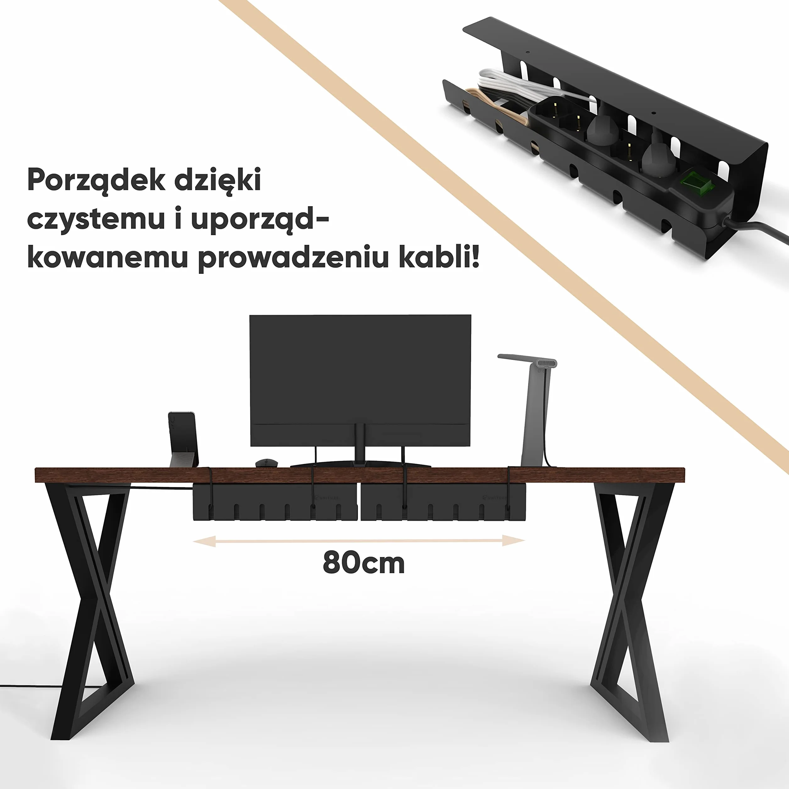 UNITURE® Kanały kablowe na biurko do porządnego zarządzania kablami – uchwyt na kabel biurkowy z prostym montażem i ponadczasowym wzornictwem – 2 x 40 cm – prowadnica kabla do domowego biura (czarna)