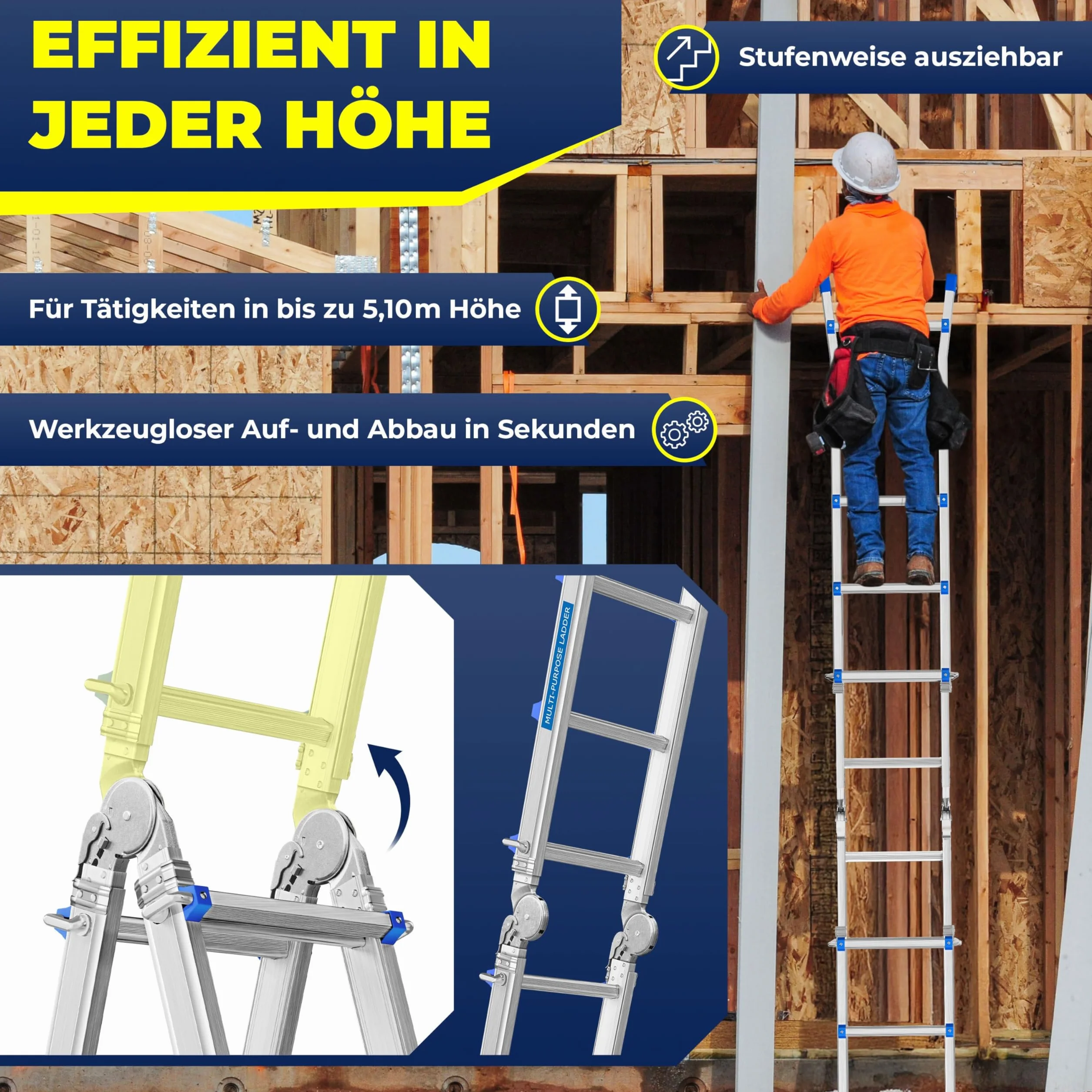 MASKO® Drabina aluminiowa Drabina wielofunkcyjna 5,10m 4x5 szczebli Drabina teleskopowa ✓ Drabina składana ✓ Drabina pojedyncza ✓ Drabina kozłowa ✓ Drabina wysuwana ✓ Drabina dwustronna i schodowa