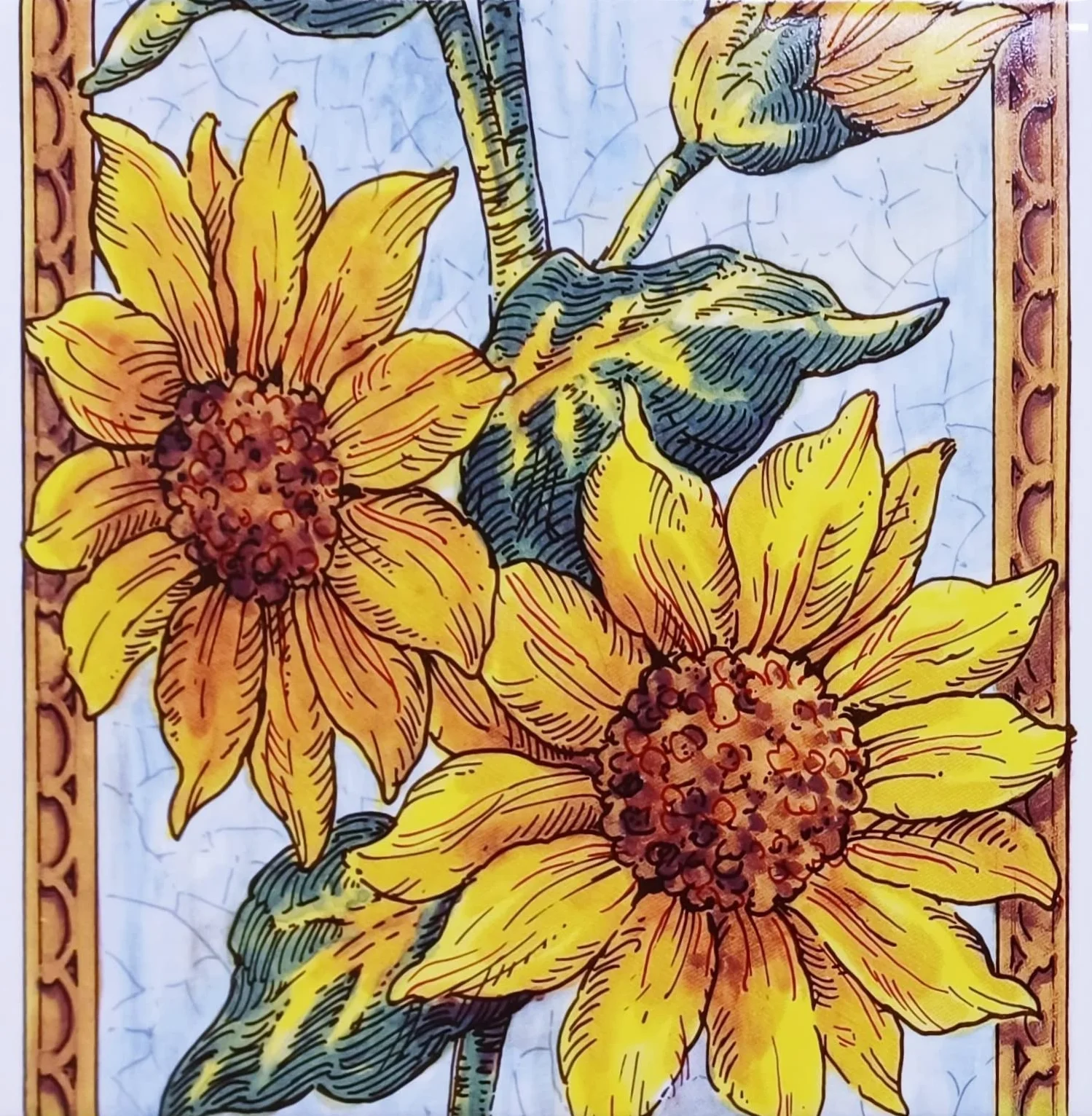 Płytki ceramiczne mural kwiatowy Słoneczniki 75 cm x 15 cm 5 płytek ręcznie zdobione