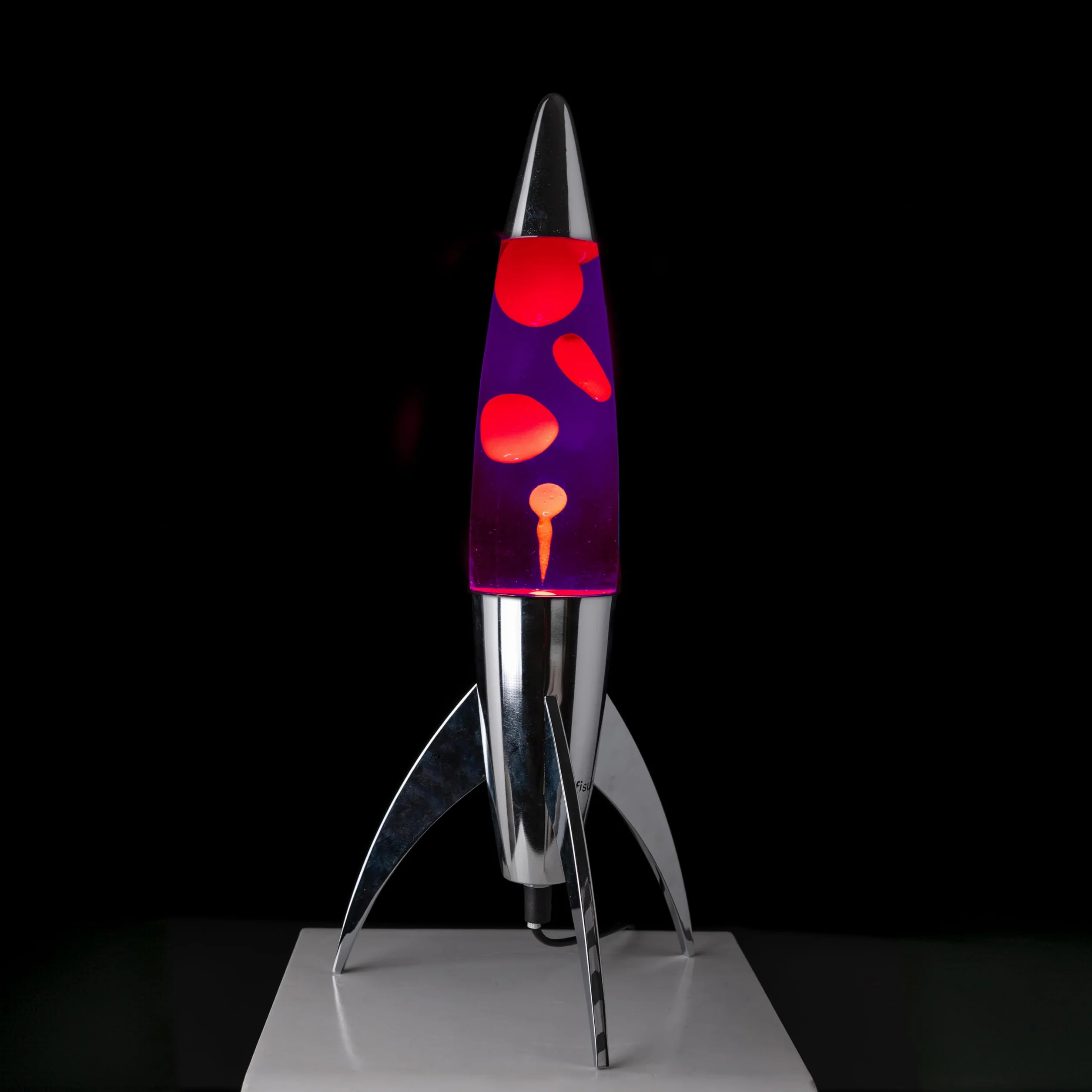 Fisura - Fioletowa lampa lava "rocket". Chromowana podstawa, fioletowy płyn i czerwona lawa. Retro lampa lava z zapasową żarówką. 20 cm x 20 cm x 45 cm.