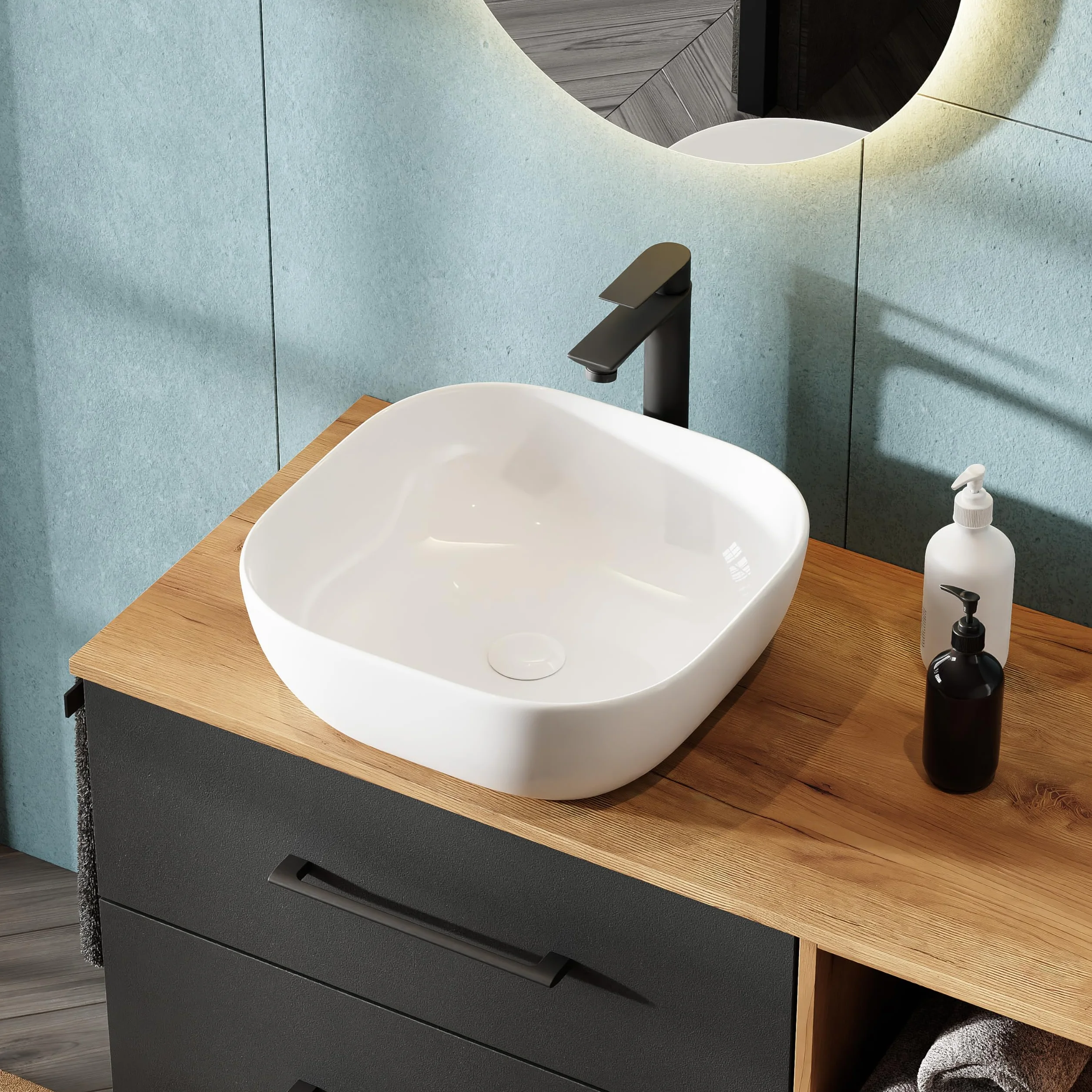 Planetmöbel Aquil Deluxe umywalka Square | Umywalka nablatowa do łazienki i WC dla gości | Umywalka do ręcznego spłukiwania bez otworu na baterię i przelewu | biała, 42,5 x 42,5 x14 cm