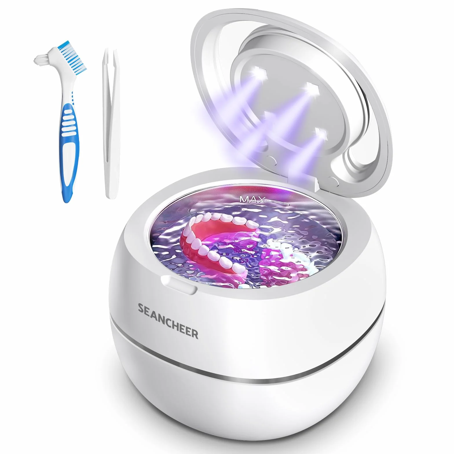 SEANCHEER Czyszczarka ultradźwiękowa | 48kHz | 180ML | Ultradźwiękowe Urządzenie Czyszczące z Lampą UV Do | Protez | Retainerów | Alignerów | Szyn Zębowych | Nakładek Nocnych | (Biały)