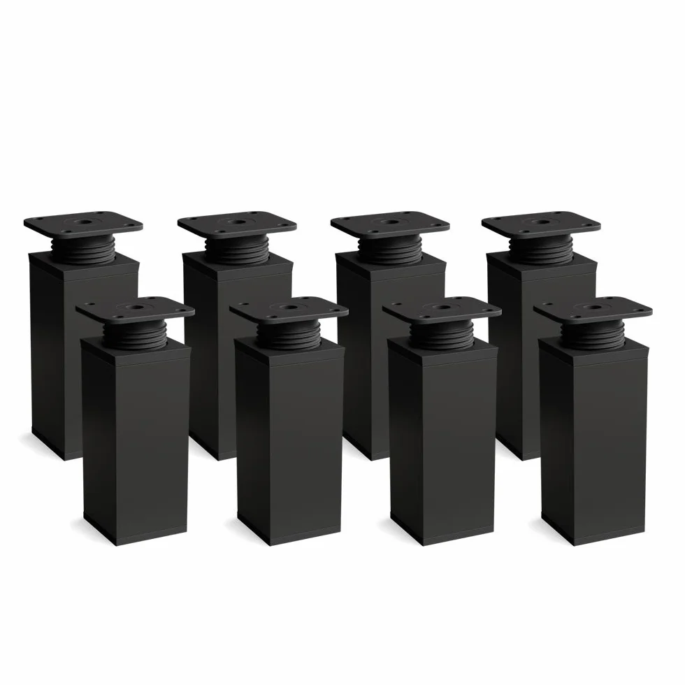 sossai® - stopki meblowe MFV1 | komplet/zestaw 8 sztuk | stopki kwadratowe 40 x 40mm | kolor: czarny mat | wysokość: 80mm z możliwością regulacji +20mm | tworzywo: aluminium | zestaw wkrętów do drewna