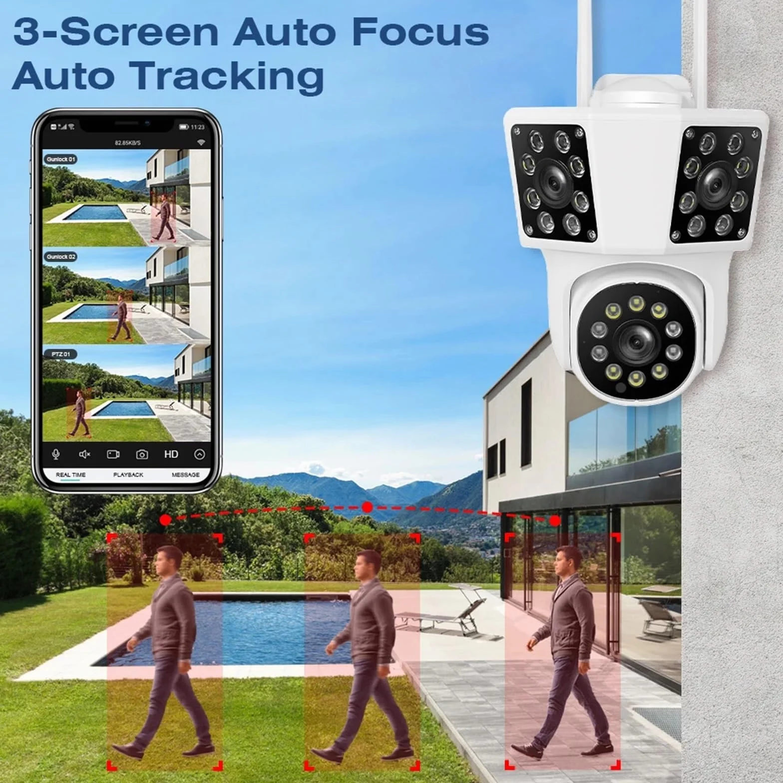 Zewnętrzna kamera IP FHD 8 MP z trzema obiektywami, WiFi, potrójny ekran, automatyczne śledzenie, bezpieczeństwa PTZ, monitoring,Spokój ducha zawsze(8MP NO Card)