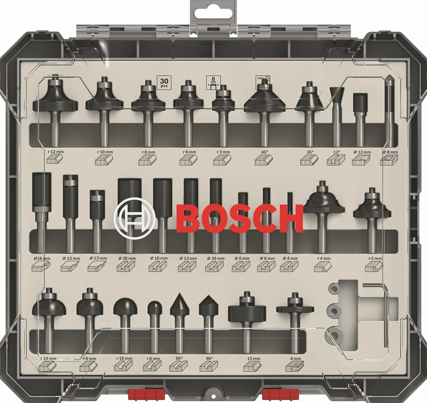 Bosch Professional Frezarka górnowrzecionowa GOF 1250 CE (klucz płaski 19 mm, adapter tulejki kopiującej, L-BOXX 238) + 30-częściowy zestaw frezów mieszanych (do drewna, akcesoria frezarki